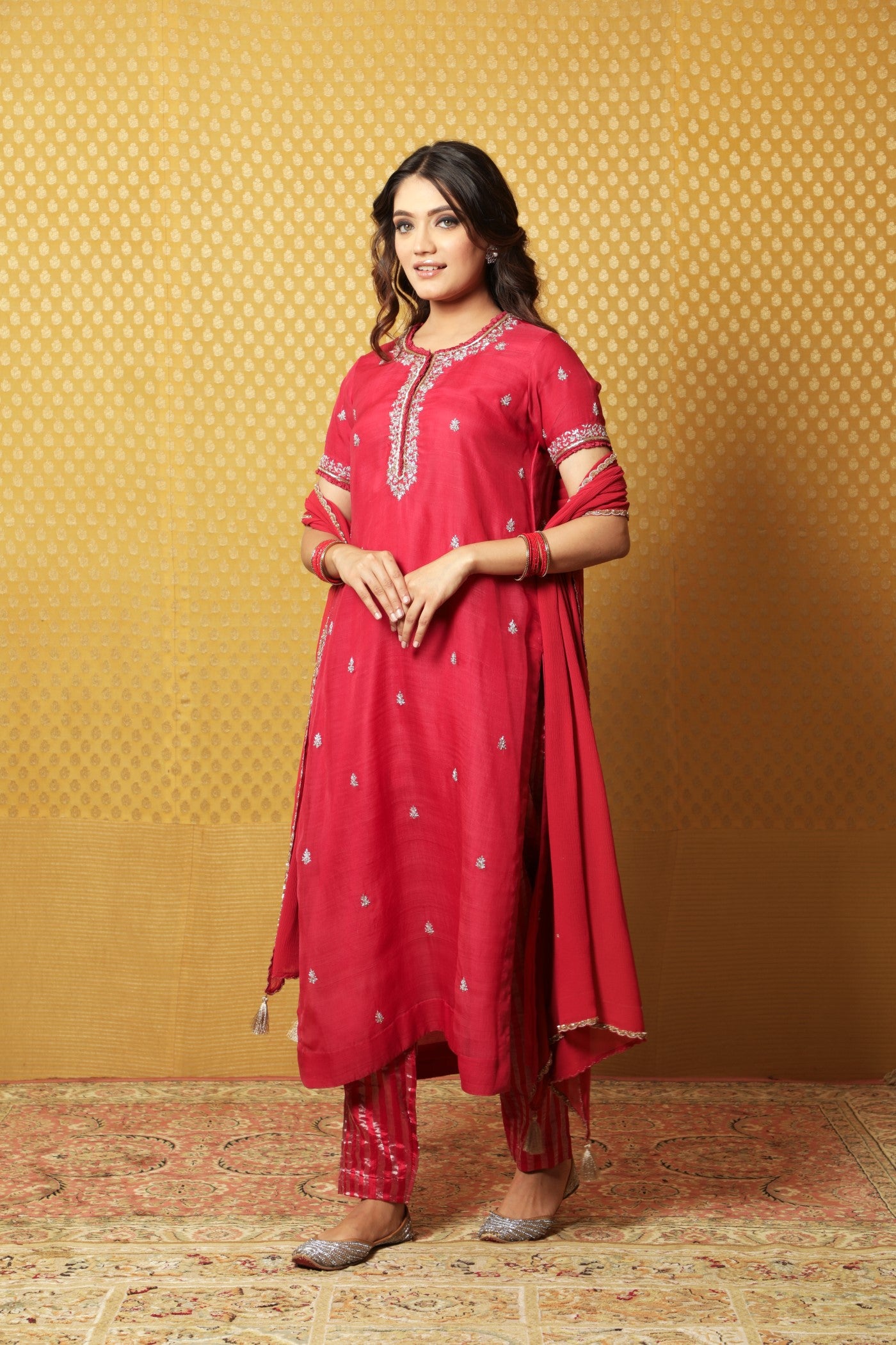 Hand-Embroidered Rose-Pink Pure Katan- Silk Kurta-Pants Set