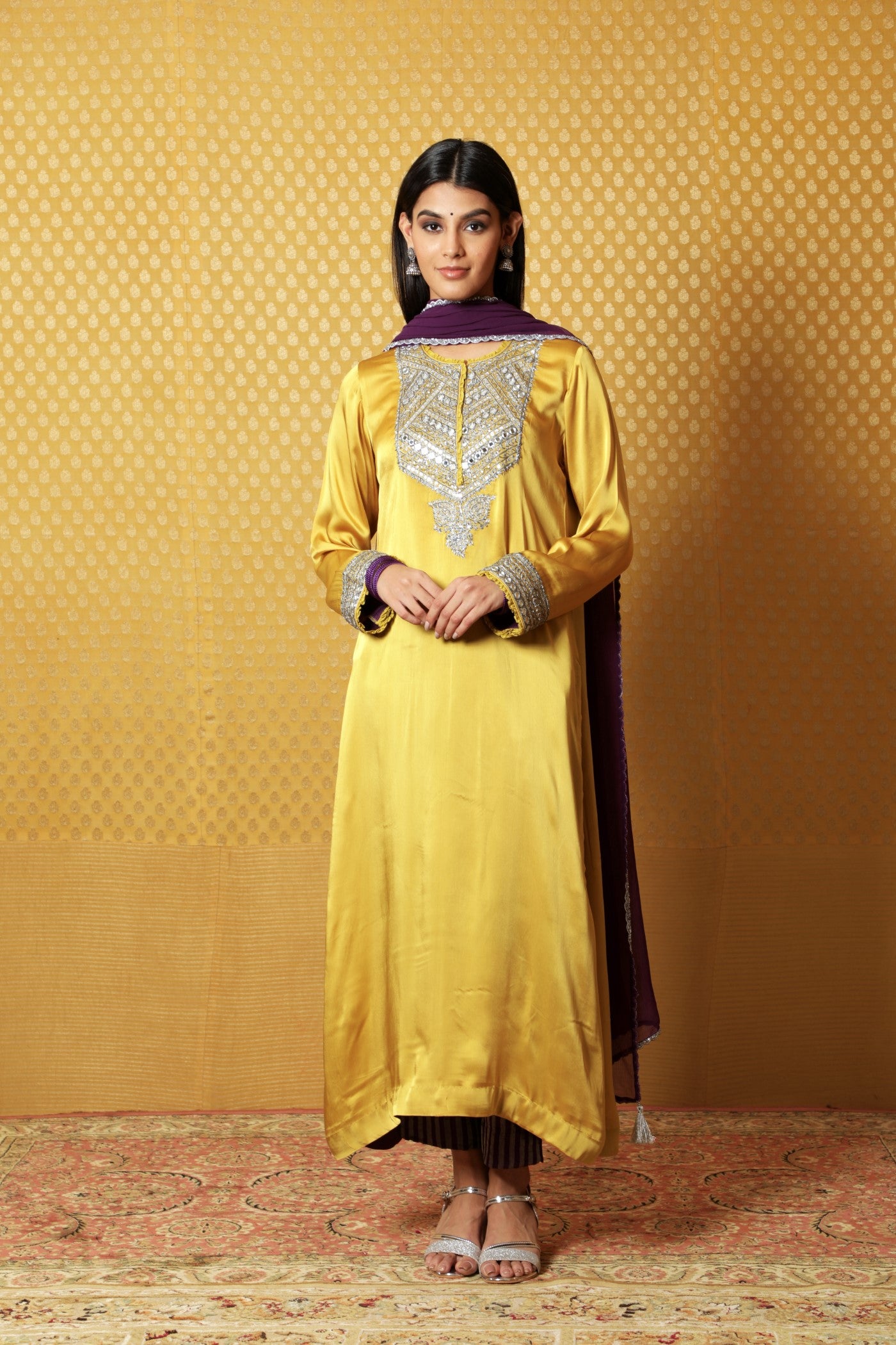 Mustard Hand-Embroidered Satin Kurta Paired With Purple Dupatta And Purple Pants