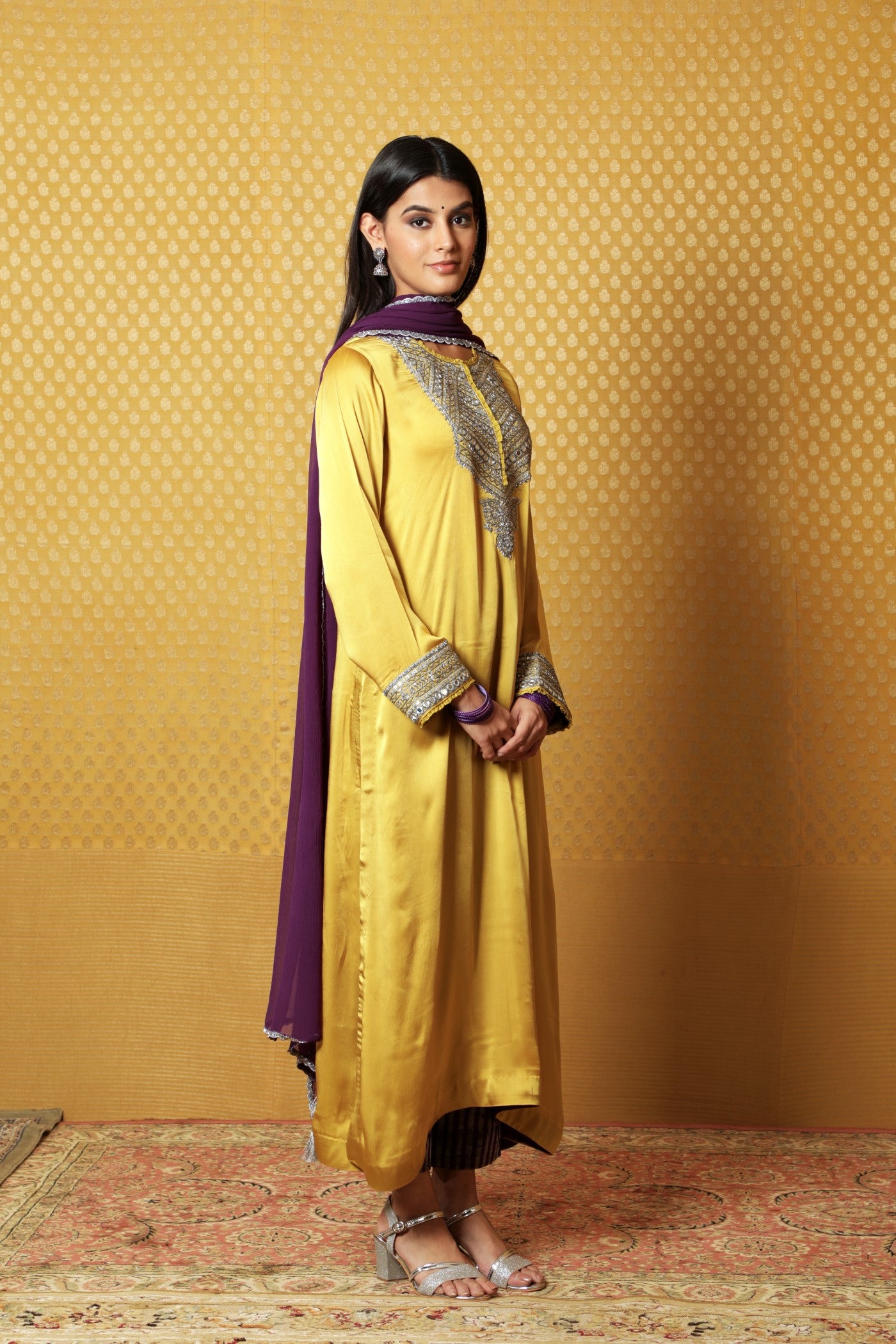 Mustard Hand-Embroidered Satin Kurta Paired With Purple Dupatta And Purple Pants