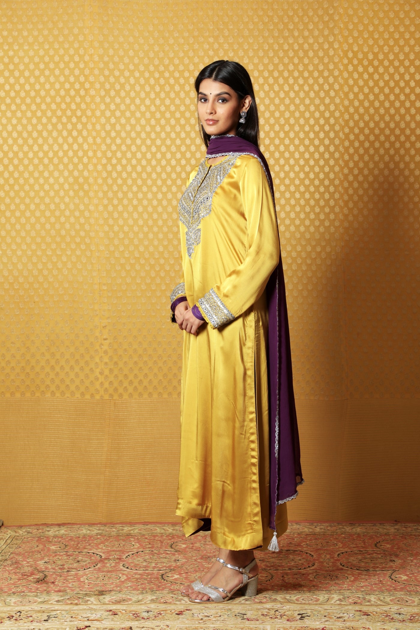 Mustard Hand-Embroidered Satin Kurta Paired With Purple Dupatta And Purple Pants