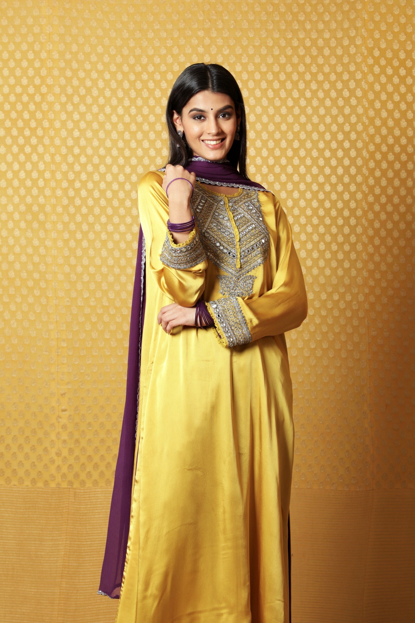 Mustard Hand-Embroidered Satin Kurta Paired With Purple Dupatta And Purple Pants