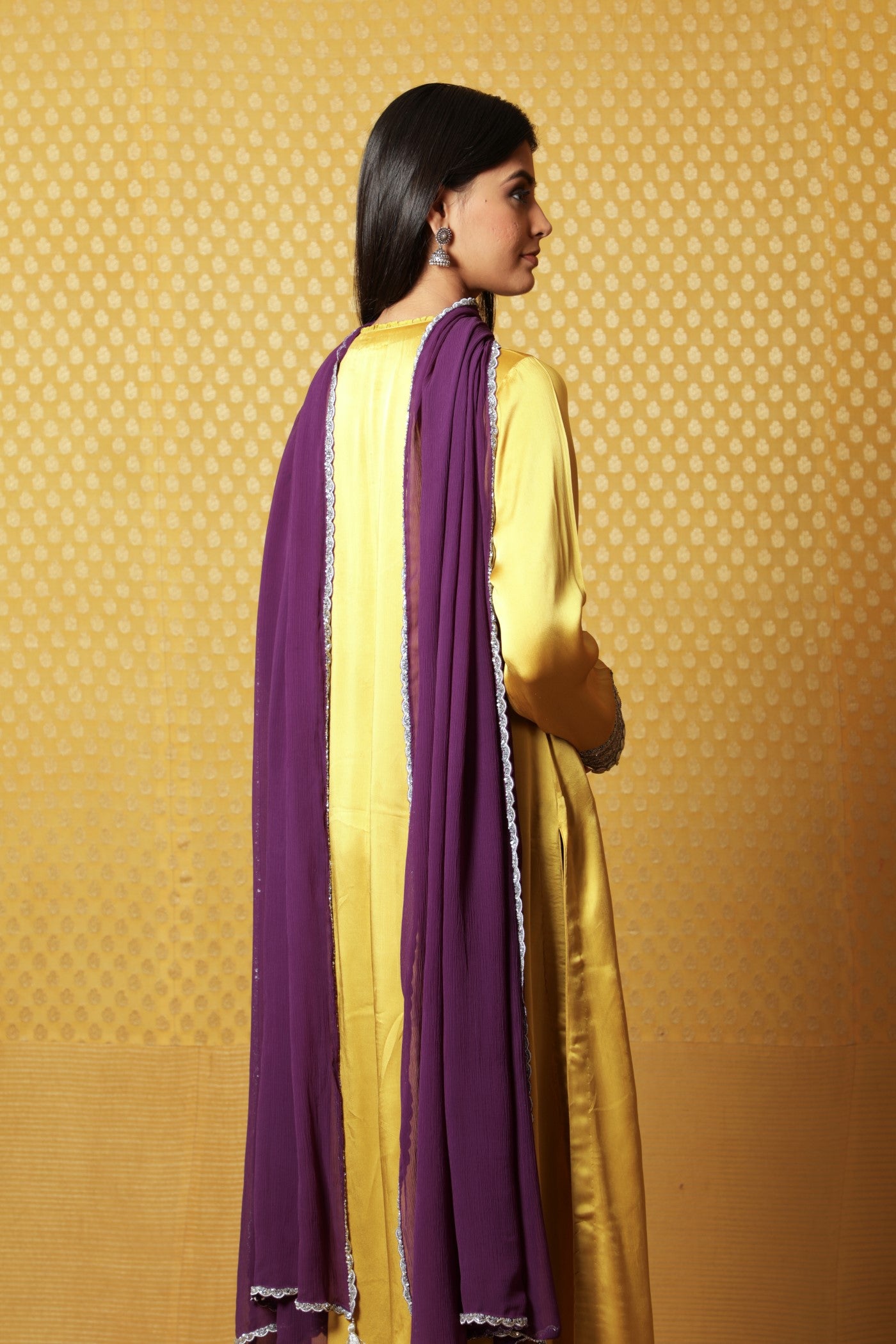 Mustard Hand-Embroidered Satin Kurta Paired With Purple Dupatta And Purple Pants