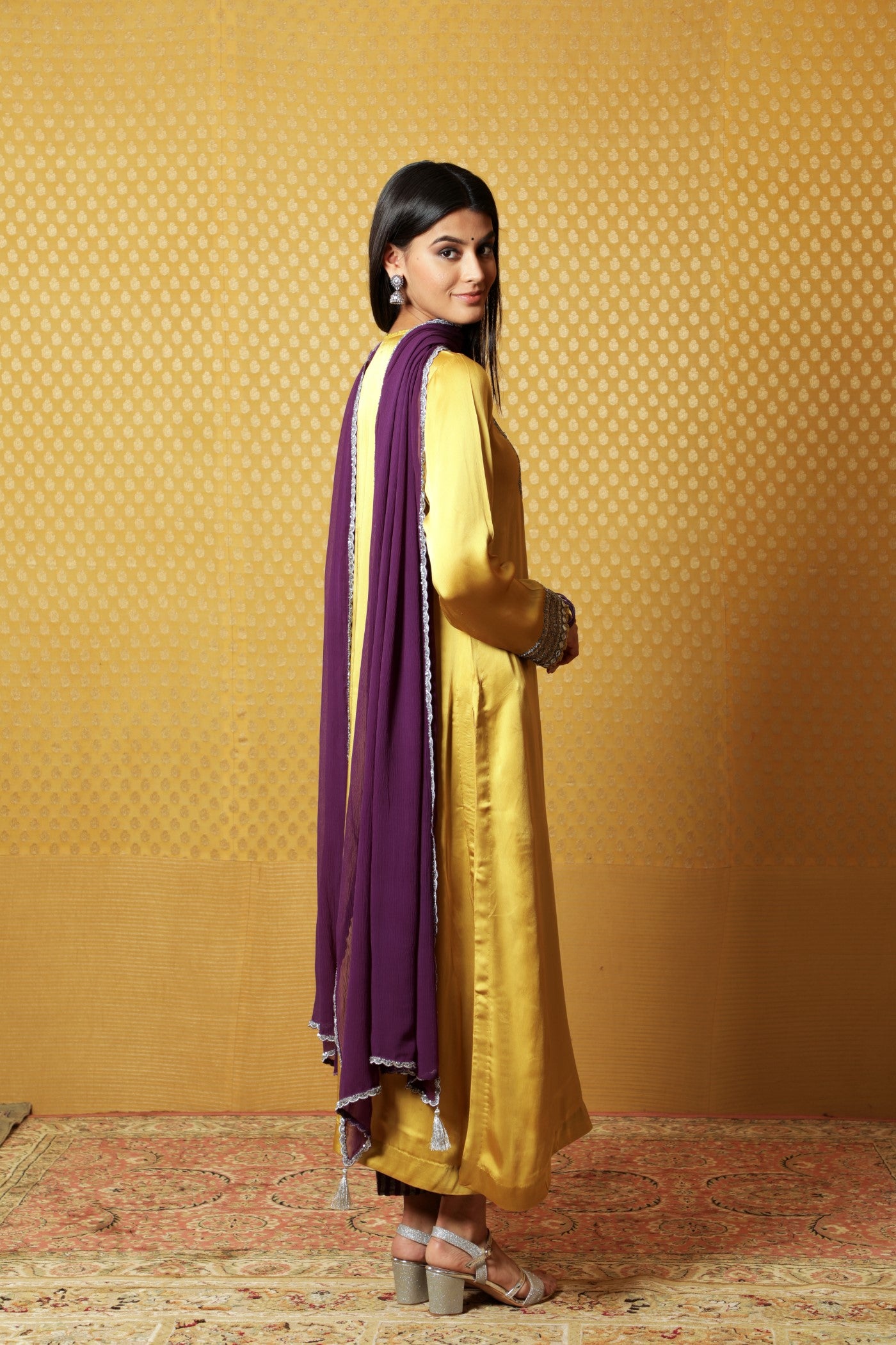 Mustard Hand-Embroidered Satin Kurta Paired With Purple Dupatta And Purple Pants