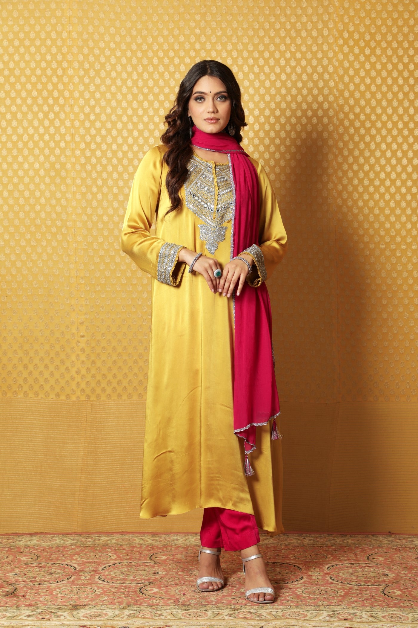 Mustard Hand-Embroidered Satin Kurta Paired With Pink Dupatta And Pink Pants