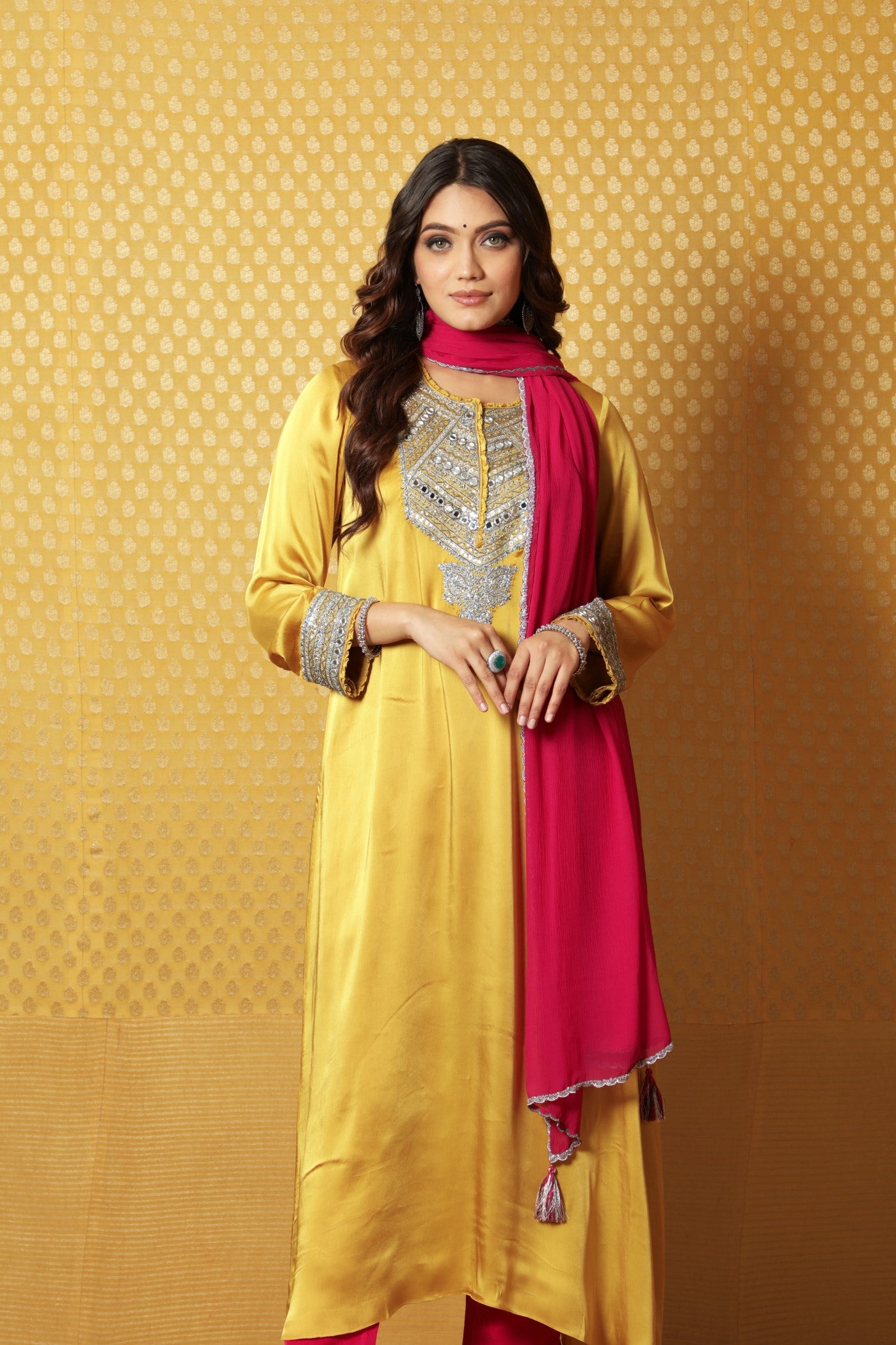Mustard Hand-Embroidered Satin Kurta Paired With Pink Dupatta And Pink Pants