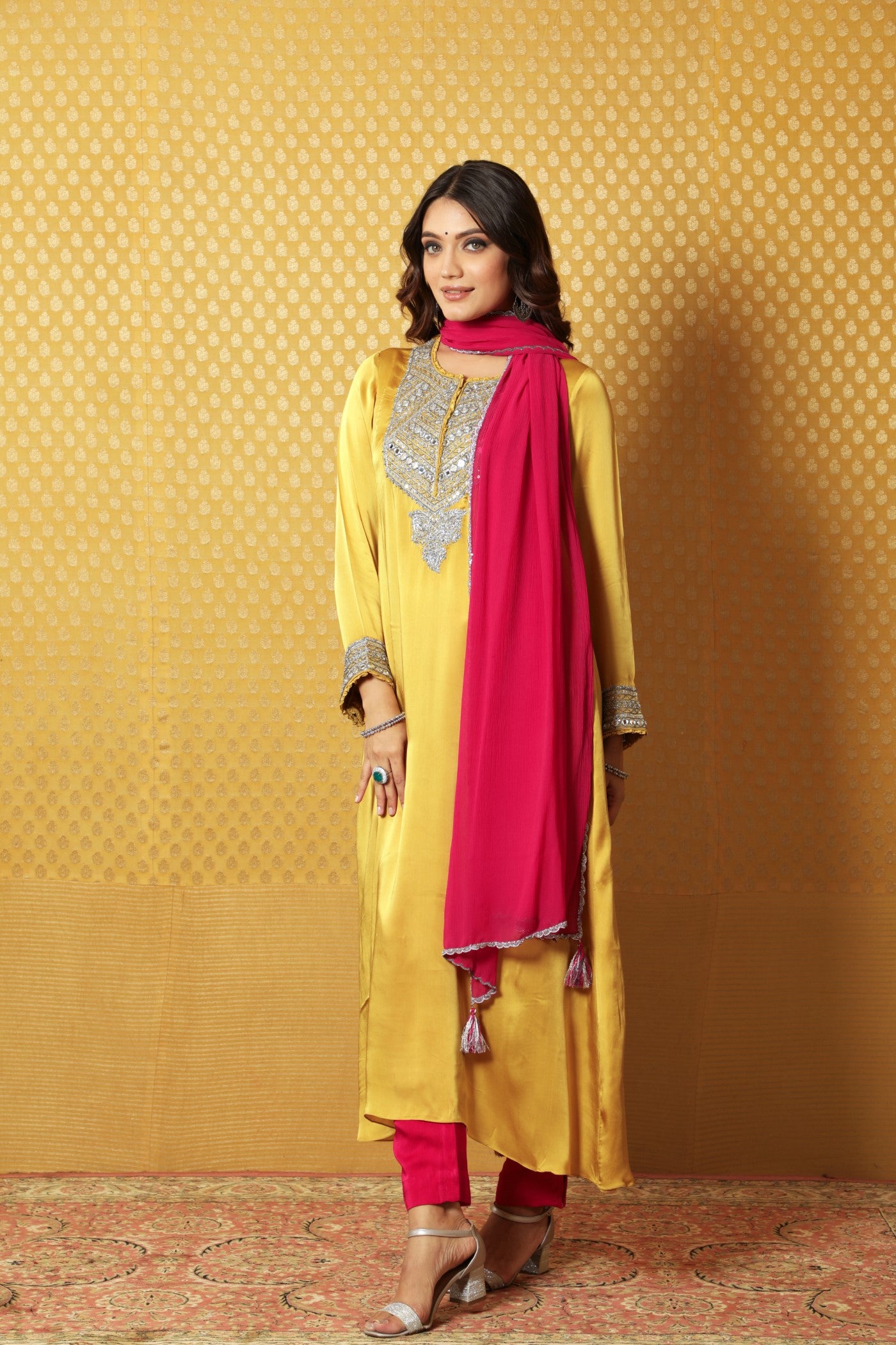 Mustard Hand-Embroidered Satin Kurta Paired With Pink Dupatta And Pink Pants