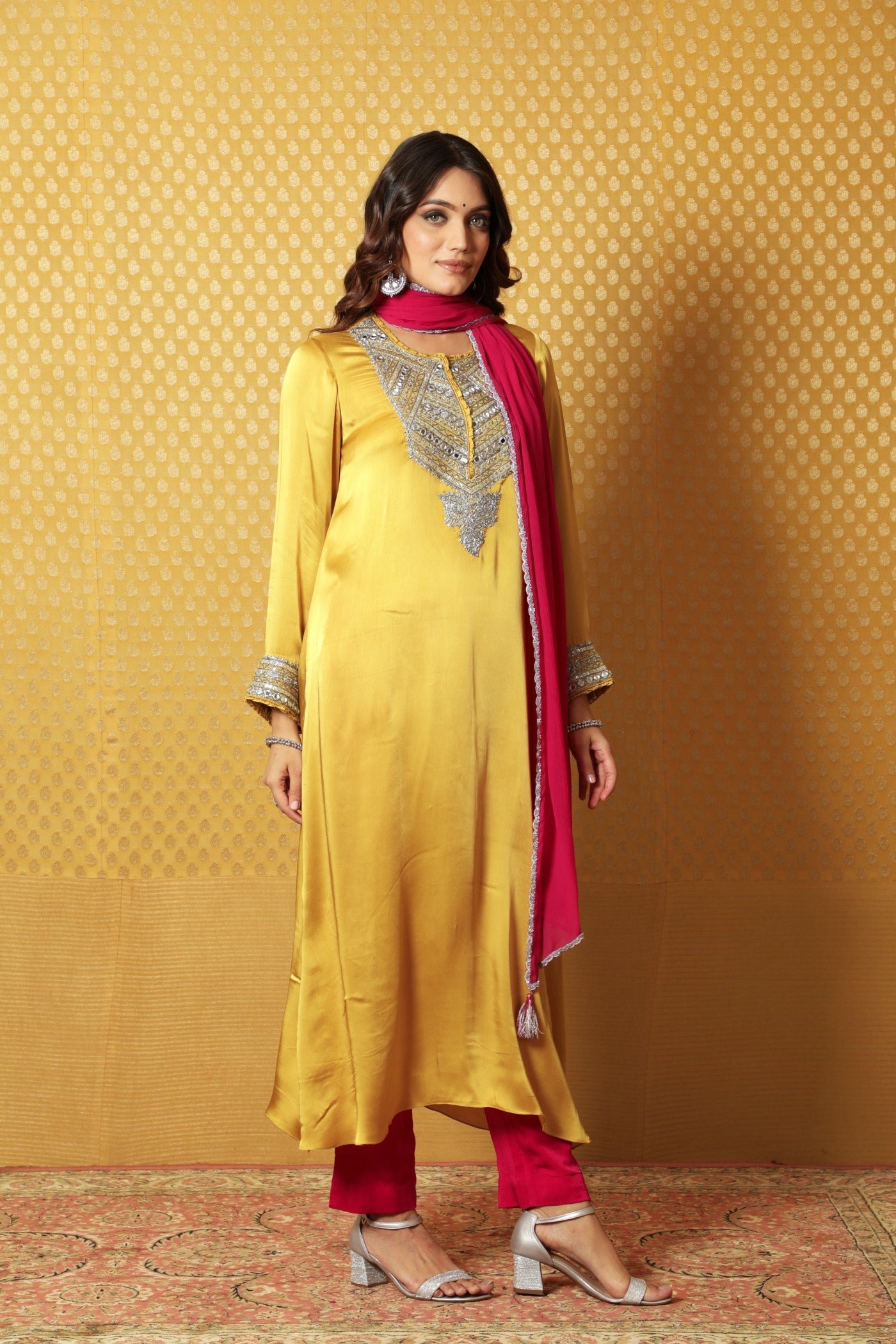 Mustard Hand-Embroidered Satin Kurta Paired With Pink Dupatta And Pink Pants