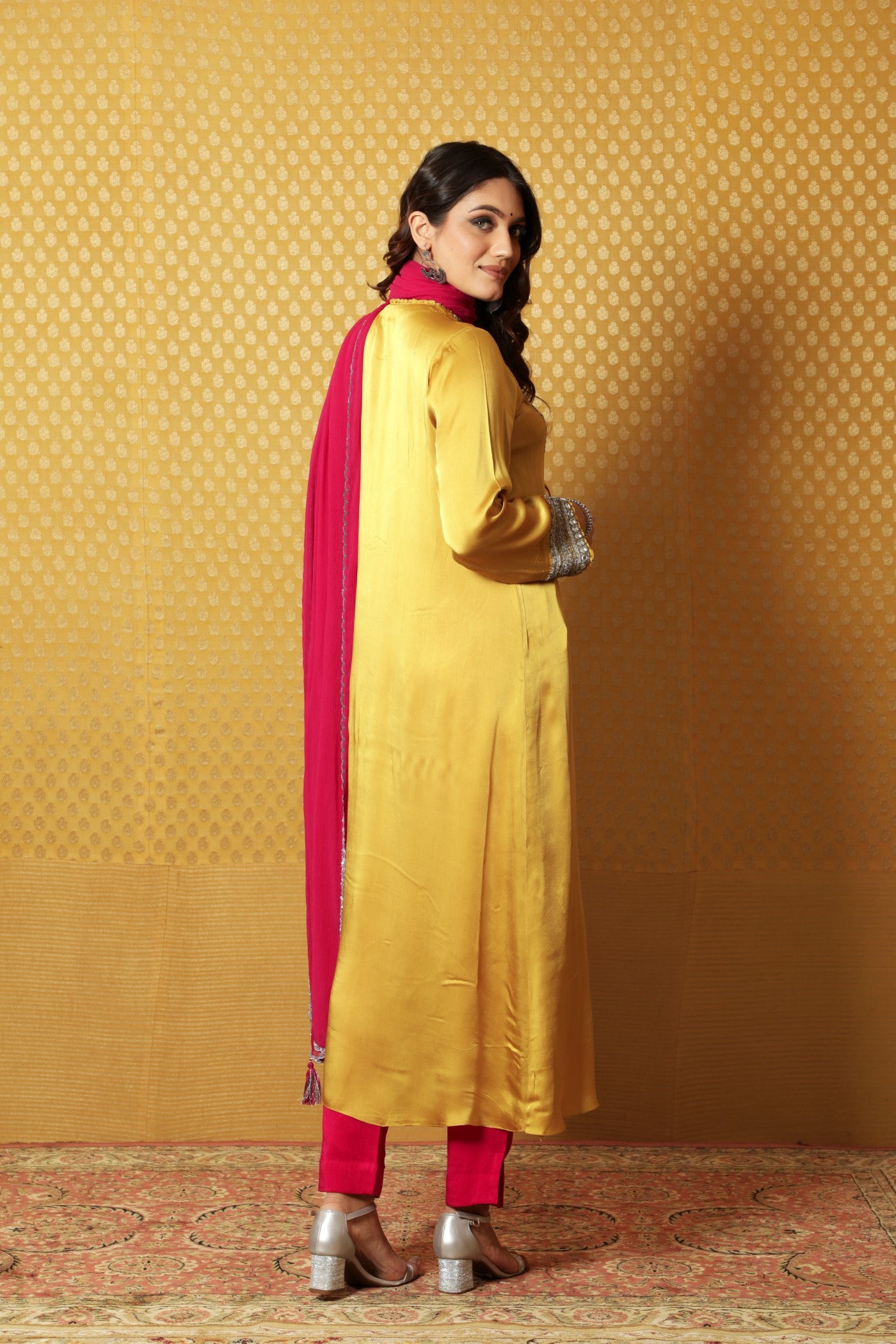Mustard Hand-Embroidered Satin Kurta Paired With Pink Dupatta And Pink Pants