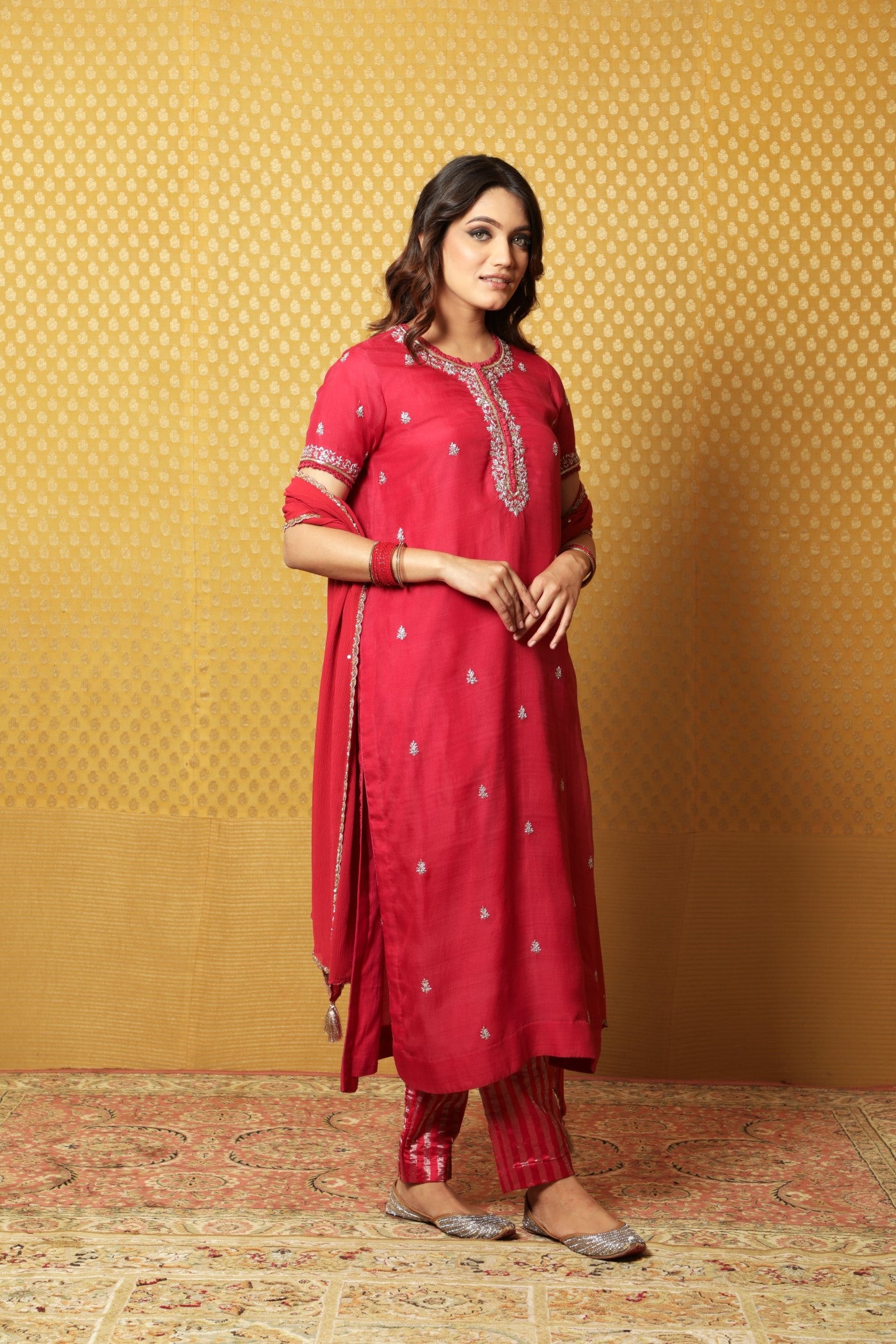 Hand-Embroidered Rose-Pink Pure Katan- Silk Kurta-Pants Set