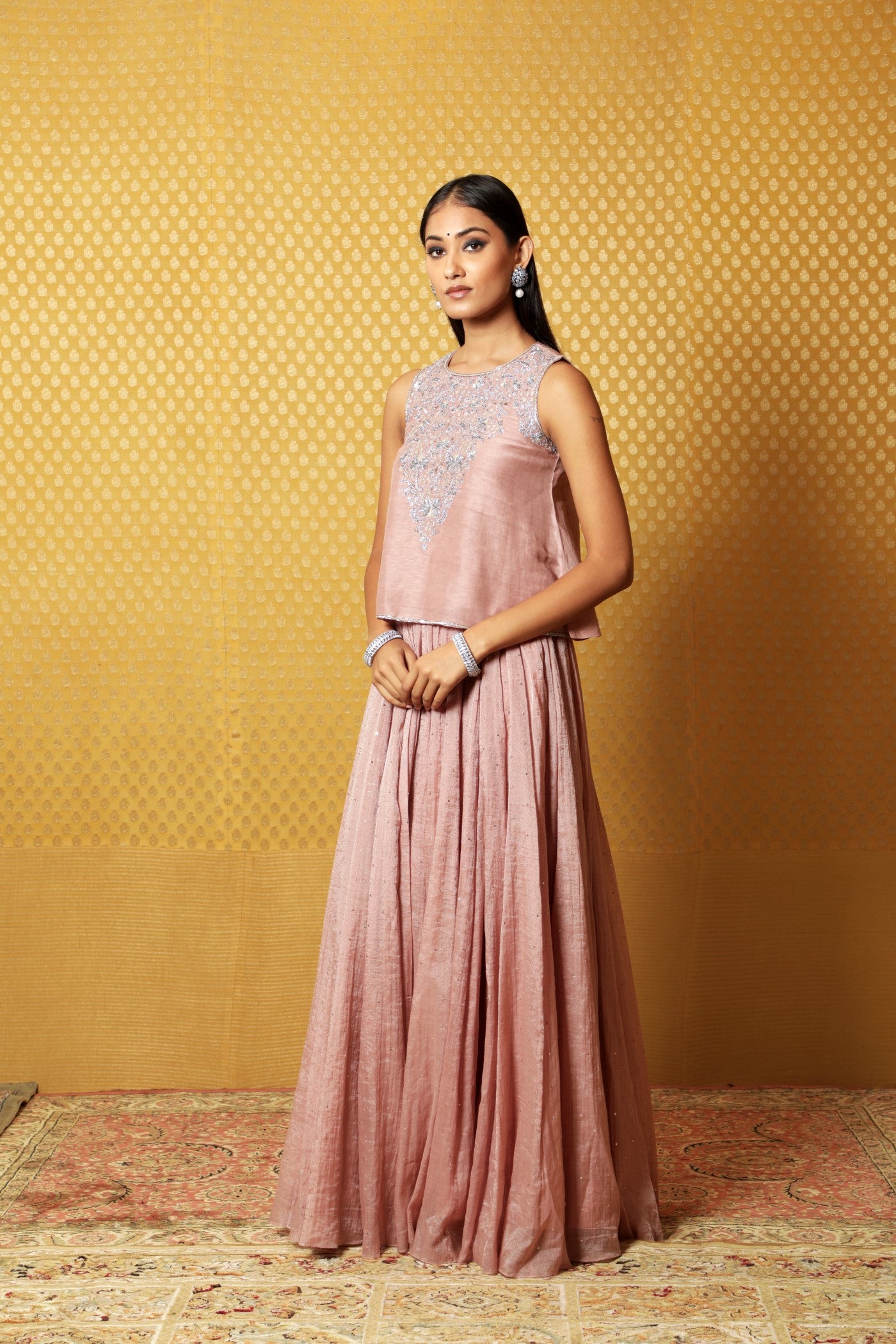 Hand-Embroidered Dusty-Pink Pure Silk- Linen Sleeveless Short Tunic Paired With Pure Silk-Cotton (Metallic) Skirt