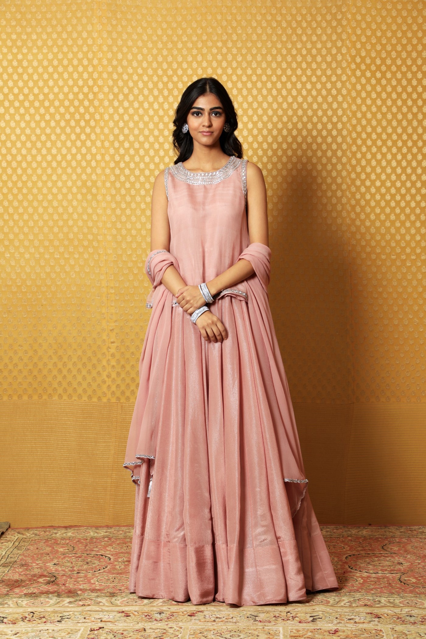 Hand-Embroidered Dusty-Pink Metallic Georgette Lehenga-Kurti-Dupatta Set