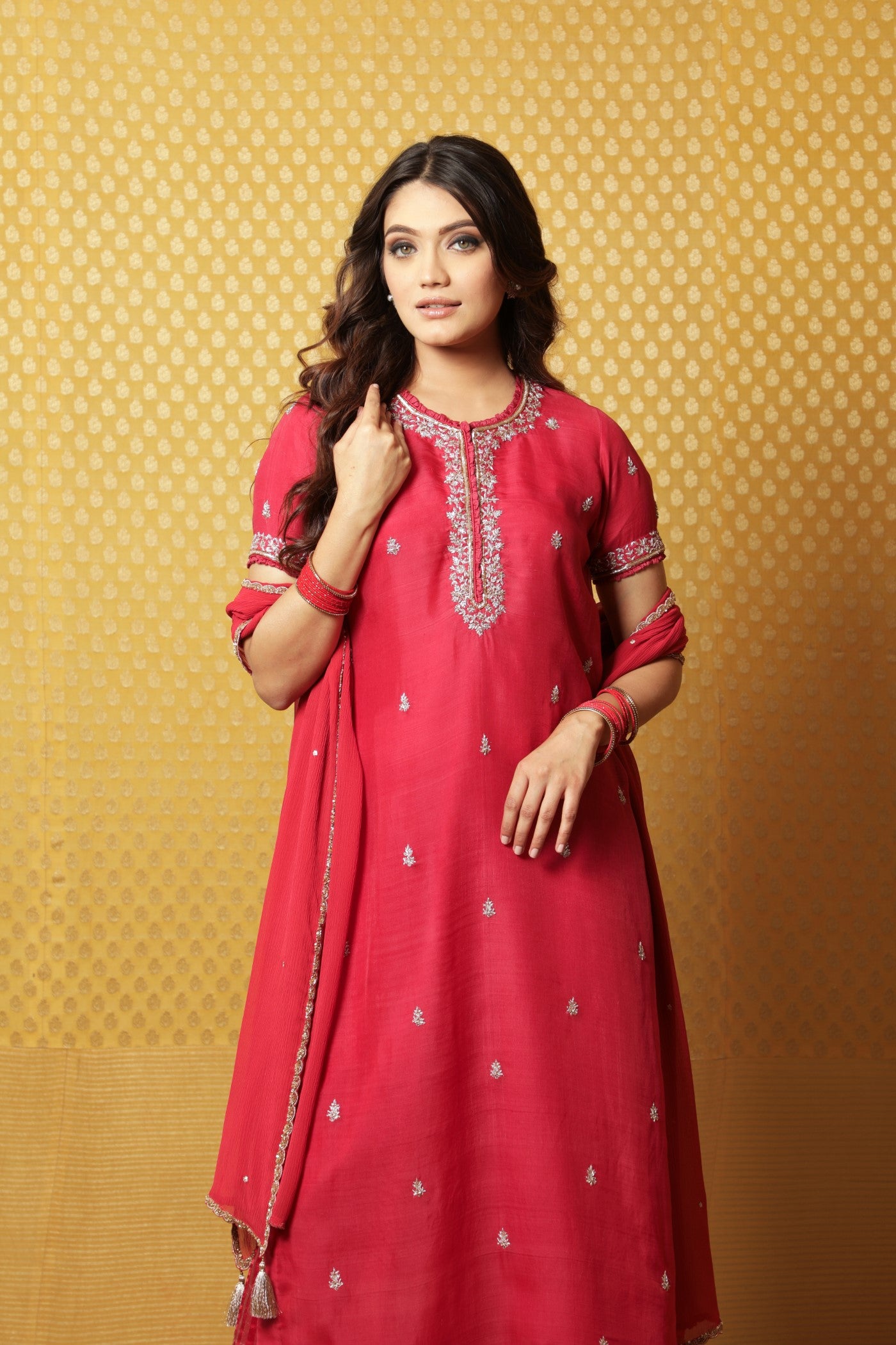 Hand-Embroidered Rose-Pink Pure Katan- Silk Kurta-Pants Set