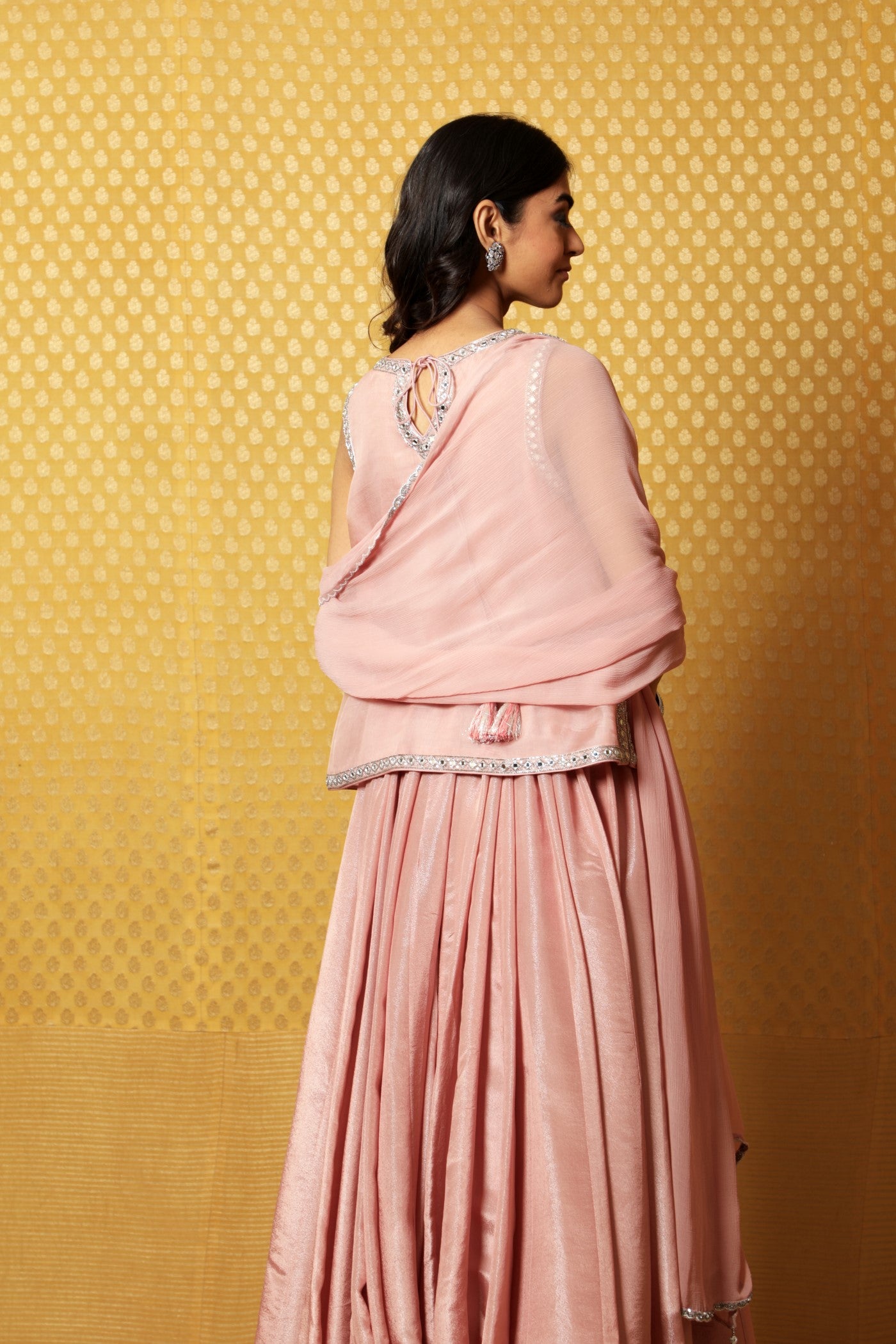 Hand-Embroidered Dusty-Pink Metallic Georgette Lehenga-Kurti-Dupatta Set