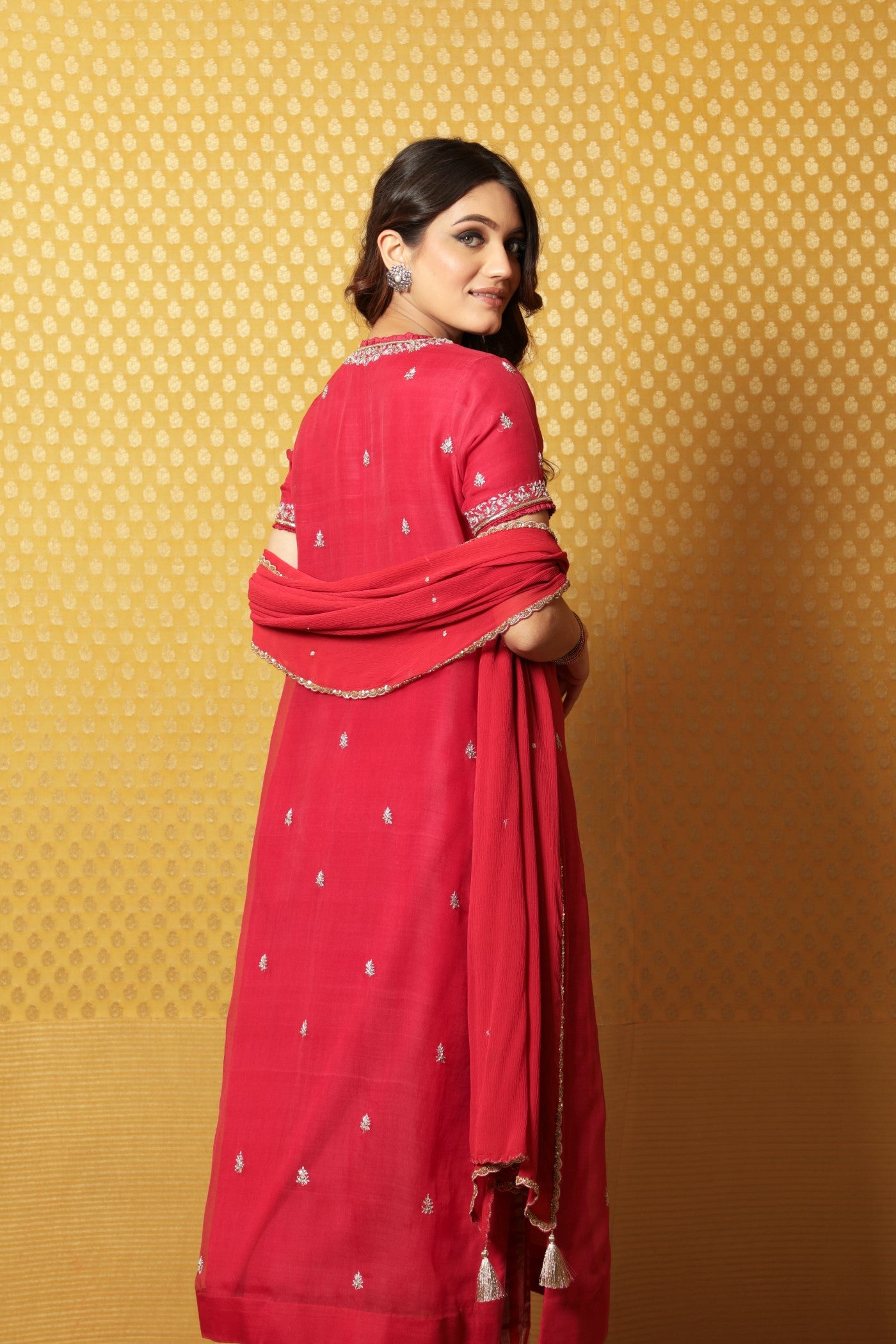 Hand-Embroidered Rose-Pink Pure Katan- Silk Kurta-Pants Set