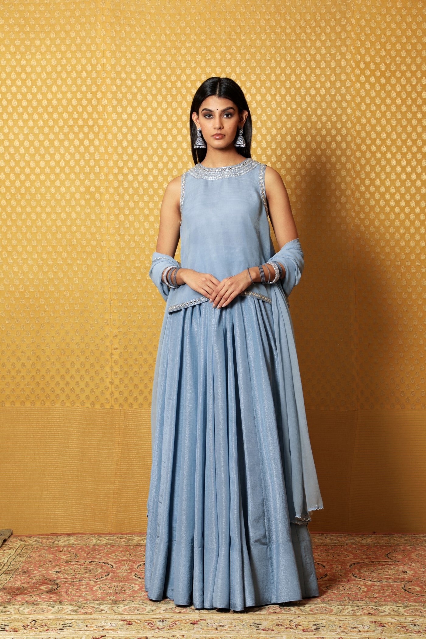 Hand-Embroidered Dusty-Blue Metallic Georgette Lehenga-Kurti-Dupatta Set