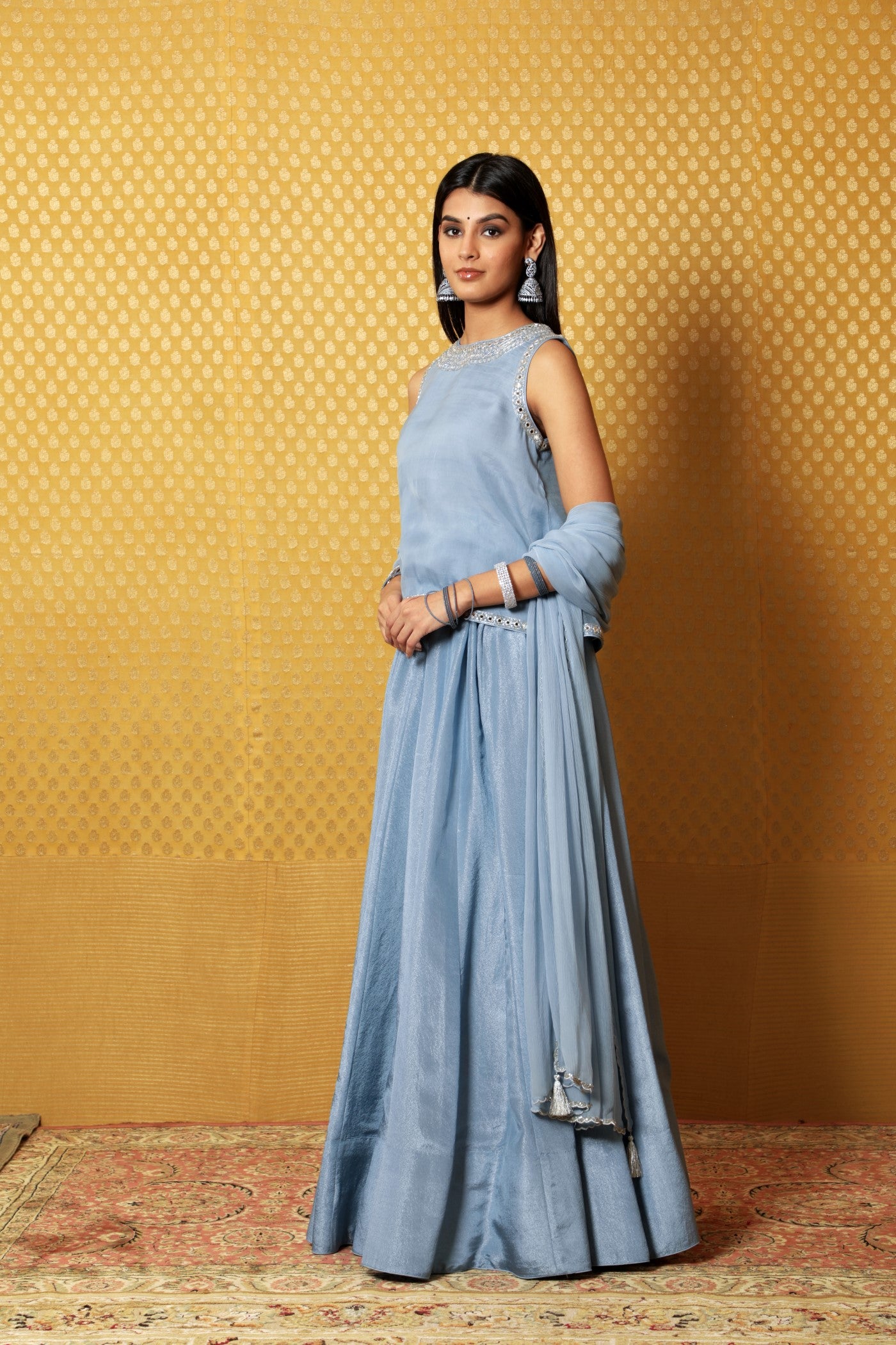 Hand-Embroidered Dusty-Blue Metallic Georgette Lehenga-Kurti-Dupatta Set