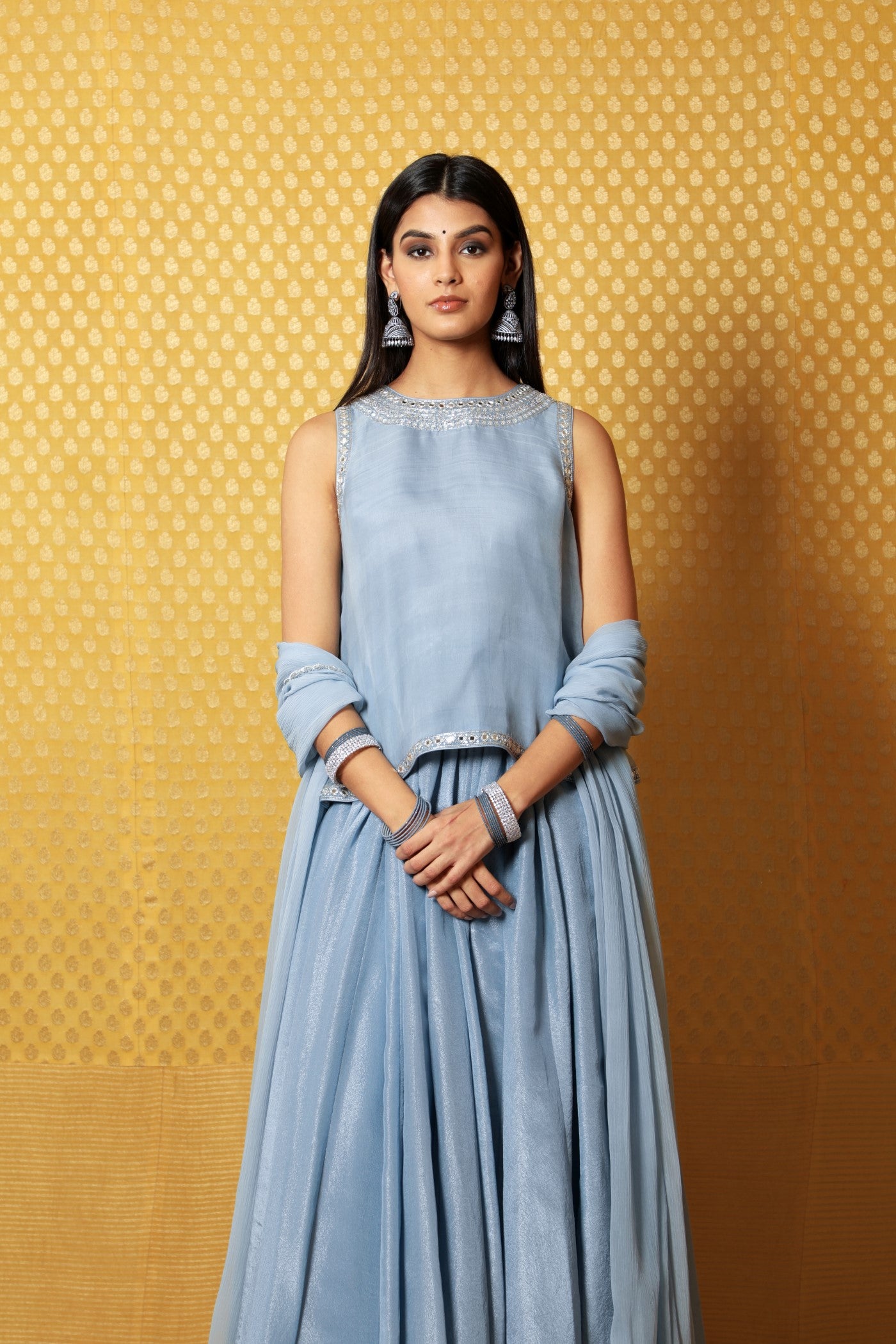 Hand-Embroidered Dusty-Blue Metallic Georgette Lehenga-Kurti-Dupatta Set