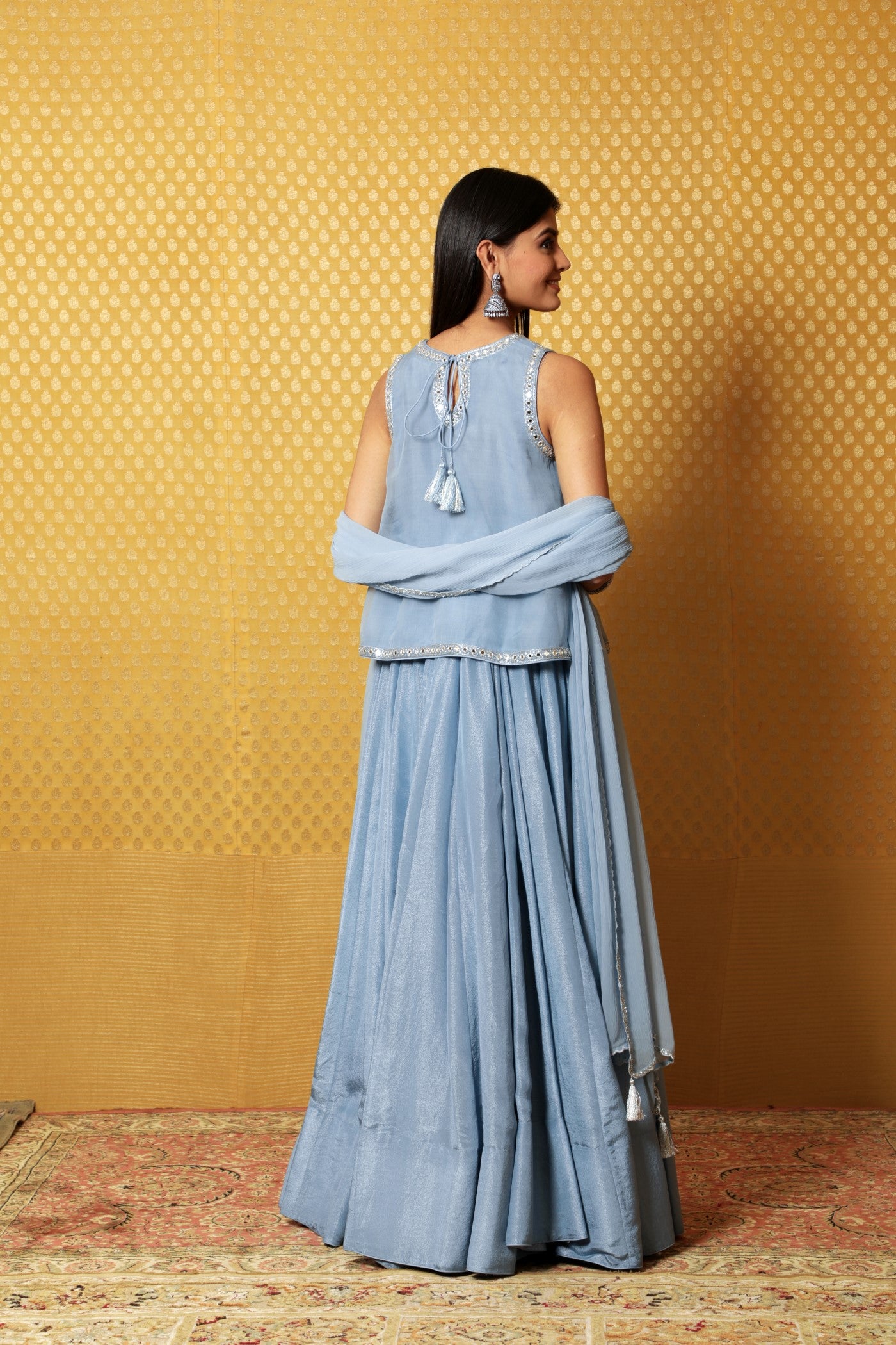 Hand-Embroidered Dusty-Blue Metallic Georgette Lehenga-Kurti-Dupatta Set
