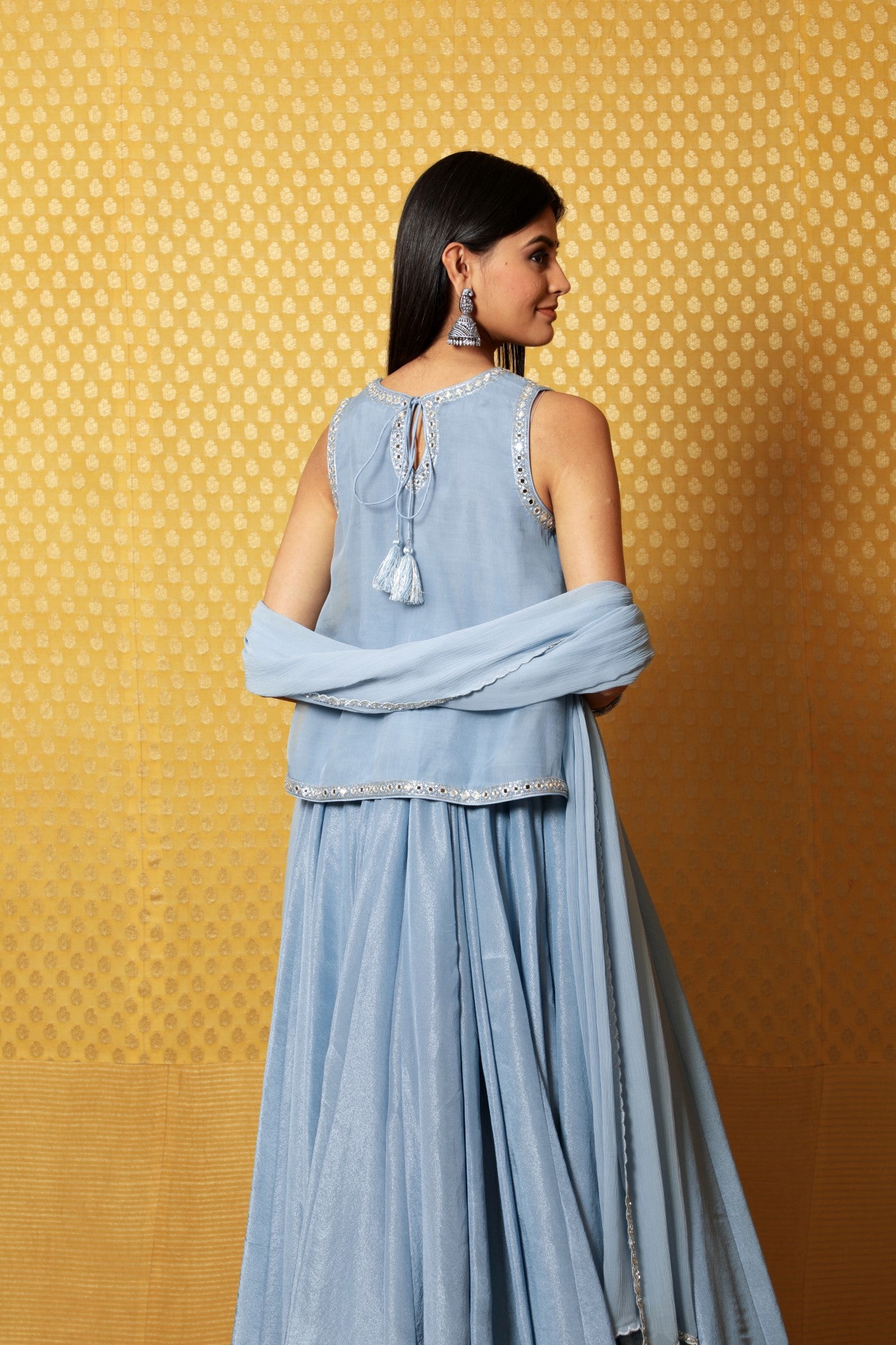 Hand-Embroidered Dusty-Blue Metallic Georgette Lehenga-Kurti-Dupatta Set