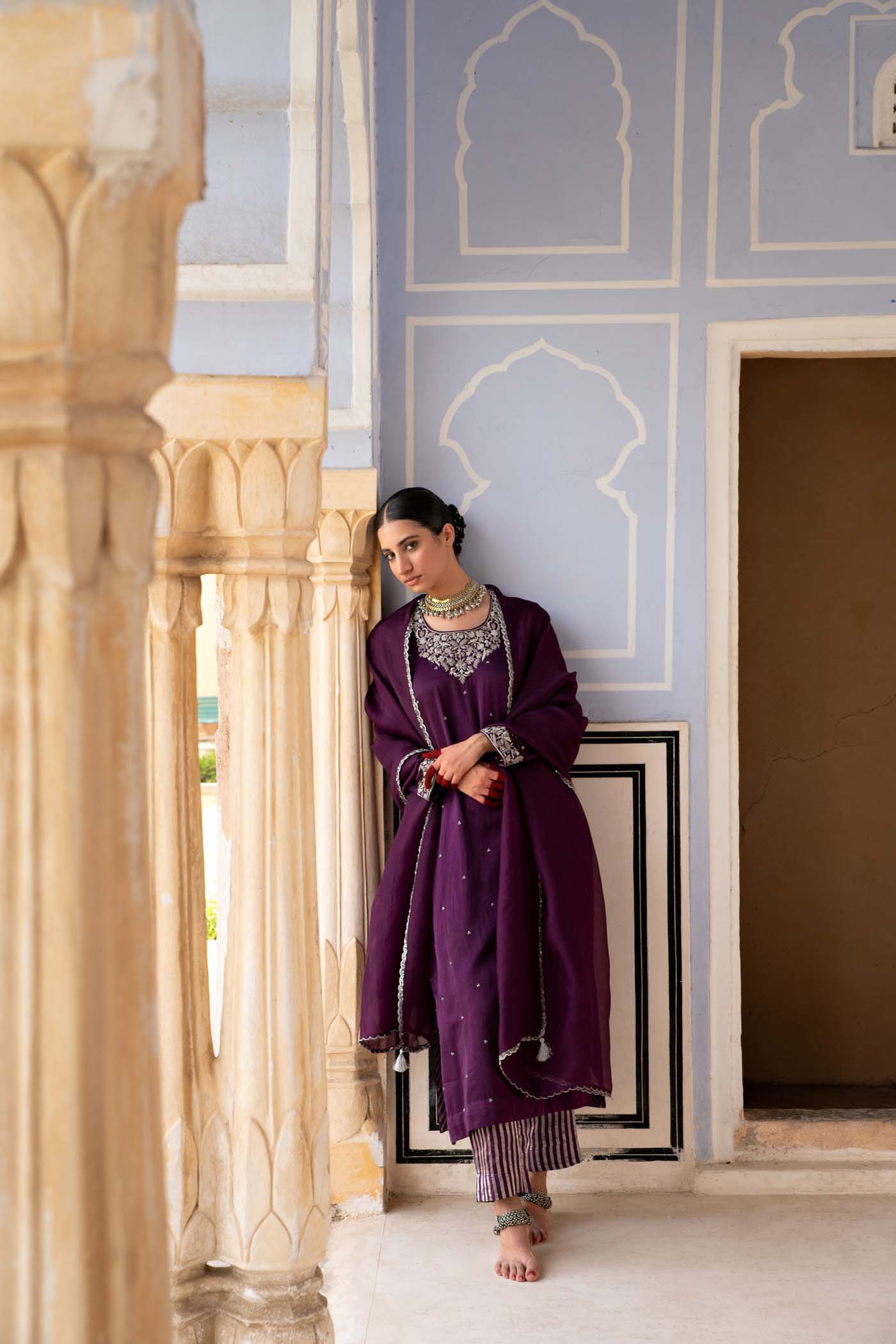 Aubergine Hand-Embroidered Handloom Pure Mashru-Silk (Katan Silk & Cotton) Kurta-Pants Set