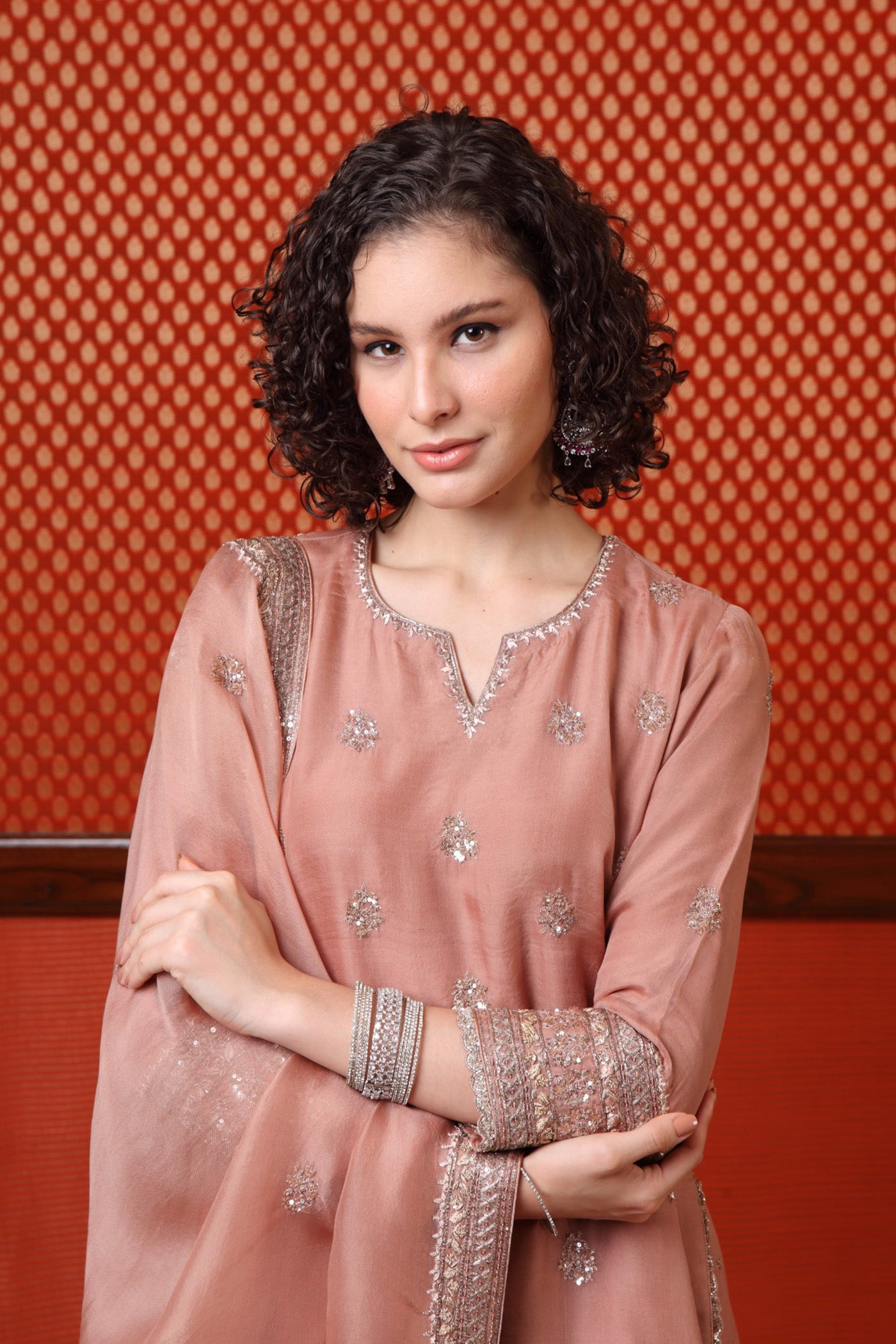 HAND-EMBROIDERED ROSE-BROWN PURE SILK-ORGANZA KURTA-SHARARA SET