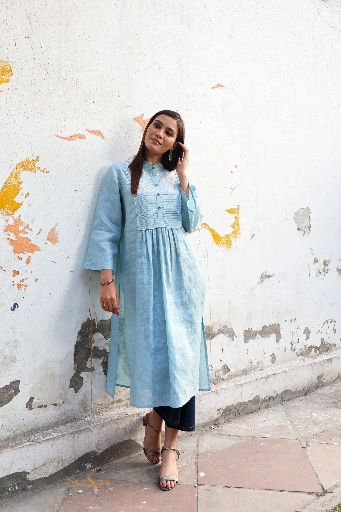 Dusty-Blue Pure Linen (With Metallic Checks & Stripes) Band-Collared With A Pintucked & Embroidered Yoke Kurta-Pants Set