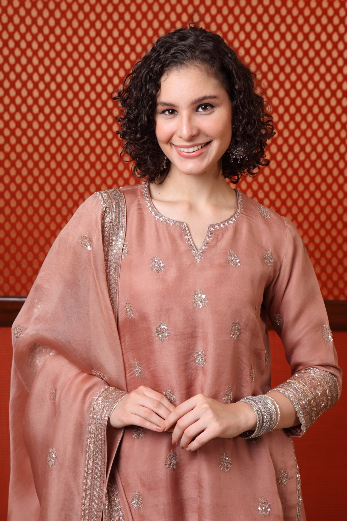 HAND-EMBROIDERED ROSE-BROWN PURE SILK-ORGANZA KURTA-SHARARA SET