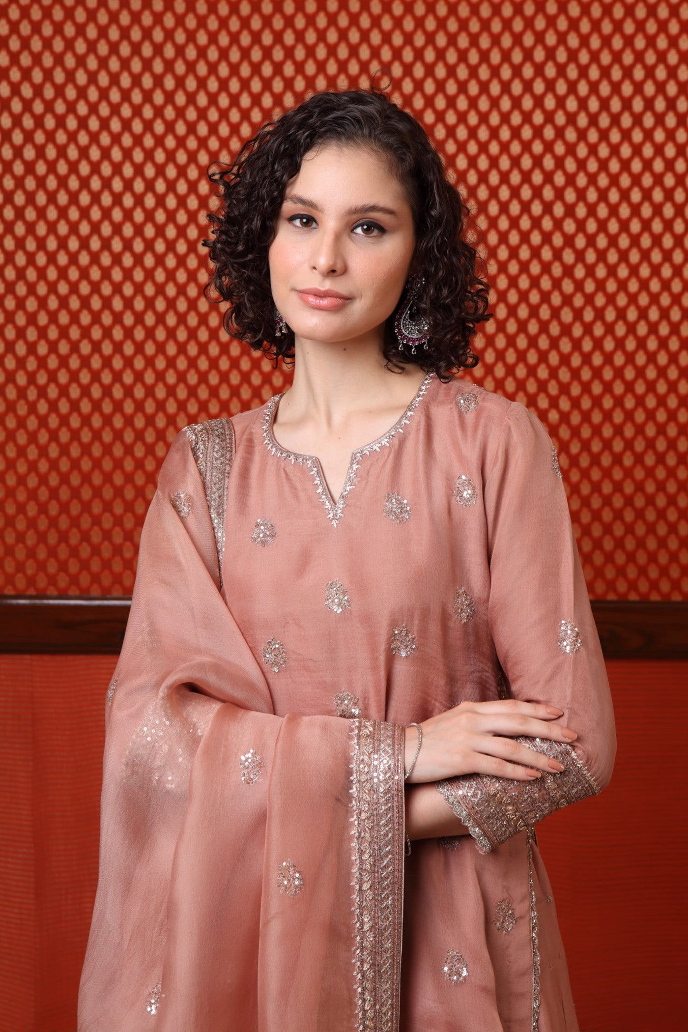 HAND-EMBROIDERED ROSE-BROWN PURE SILK-ORGANZA KURTA-SHARARA SET