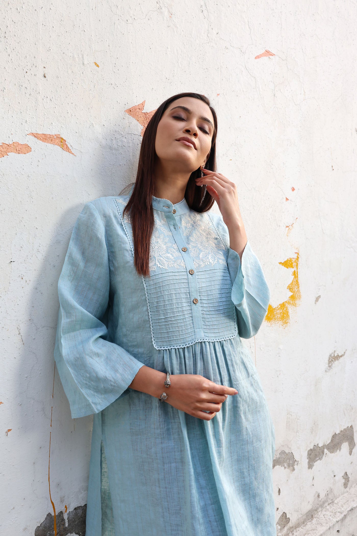 Dusty-Blue Pure Linen (With Metallic Checks & Stripes) Band-Collared With A Pintucked & Embroidered Yoke Kurta-Pants Set