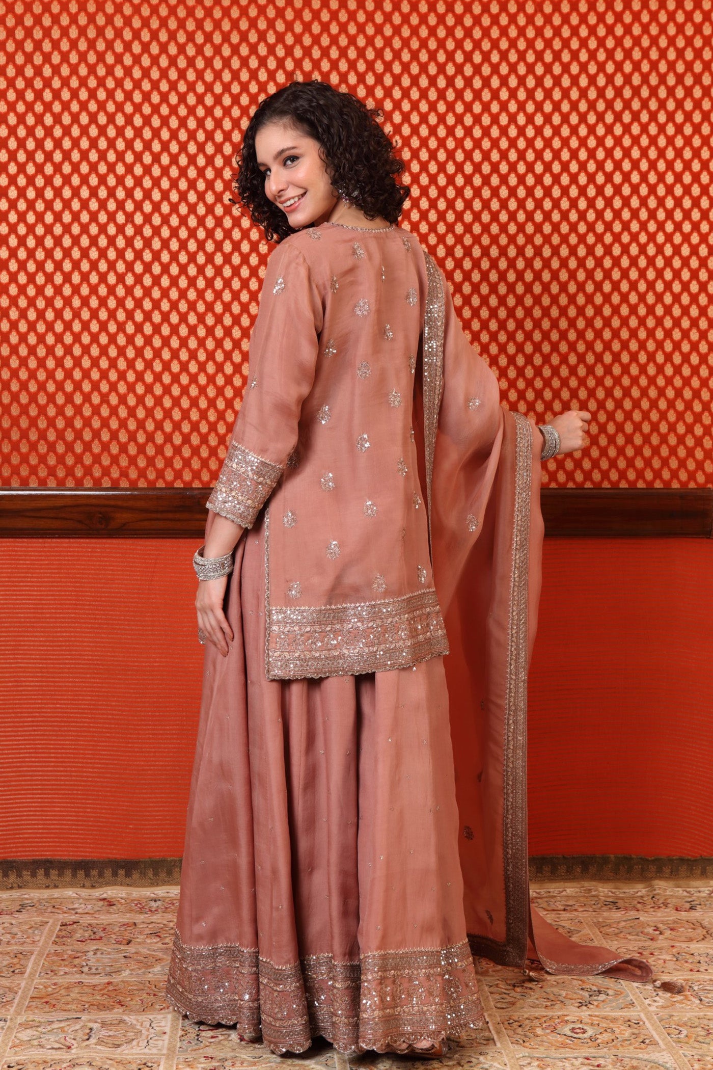 HAND-EMBROIDERED ROSE-BROWN PURE SILK-ORGANZA KURTA-SHARARA SET