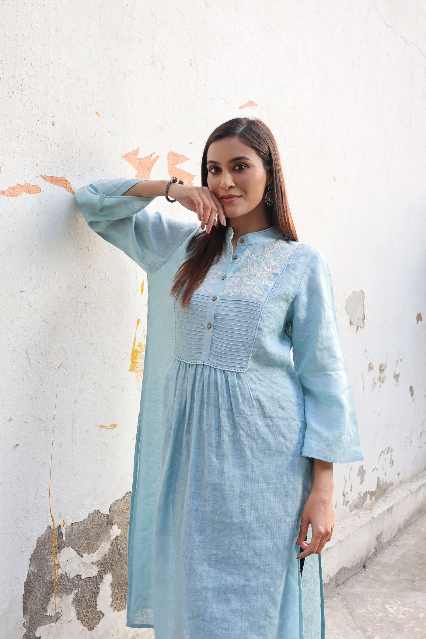Dusty-Blue Pure Linen (With Metallic Checks & Stripes) Band-Collared With A Pintucked & Embroidered Yoke Kurta-Pants Set