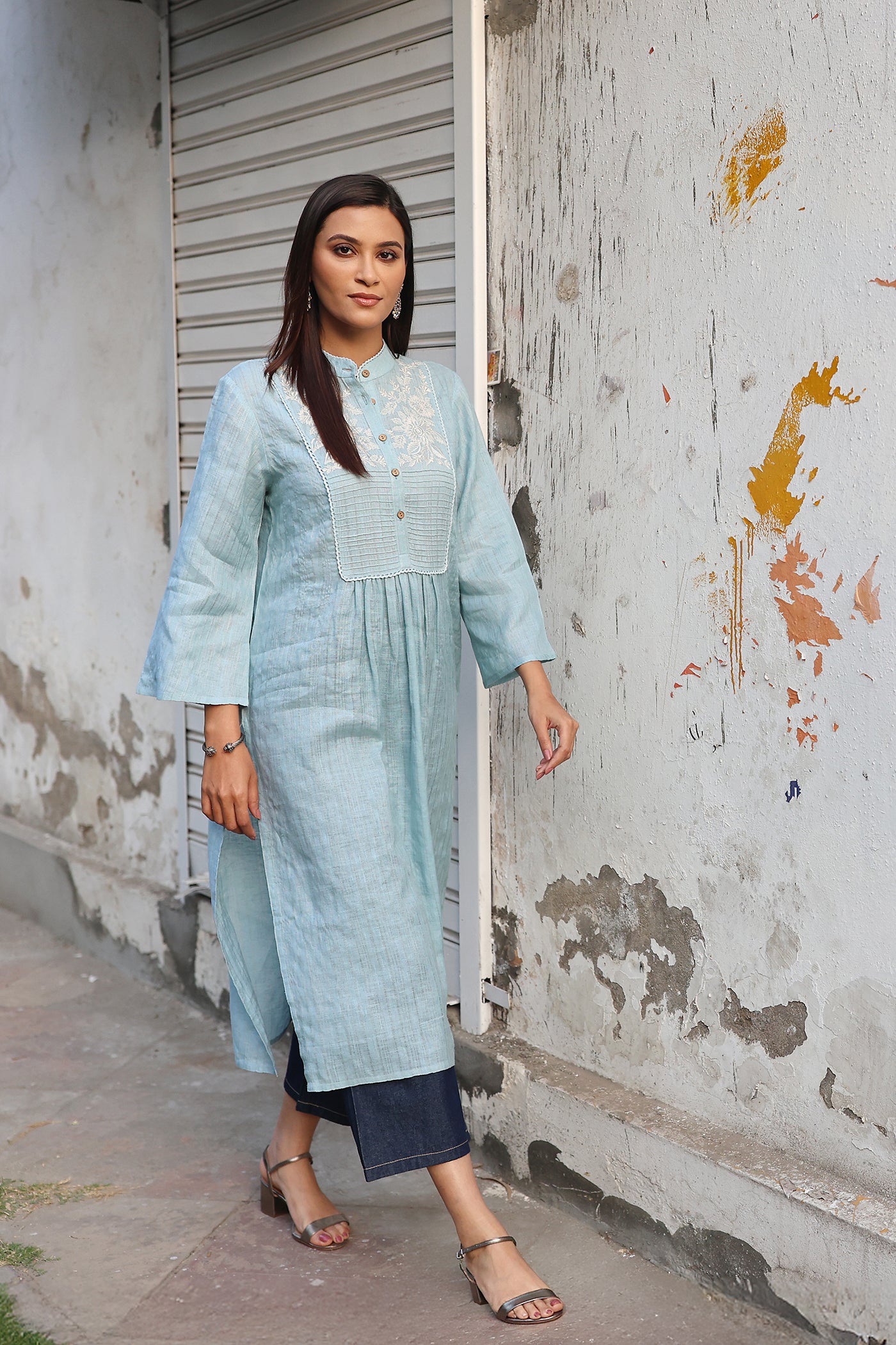 Dusty-Blue Pure Linen (With Metallic Checks & Stripes) Band-Collared With A Pintucked & Embroidered Yoke Kurta-Pants Set