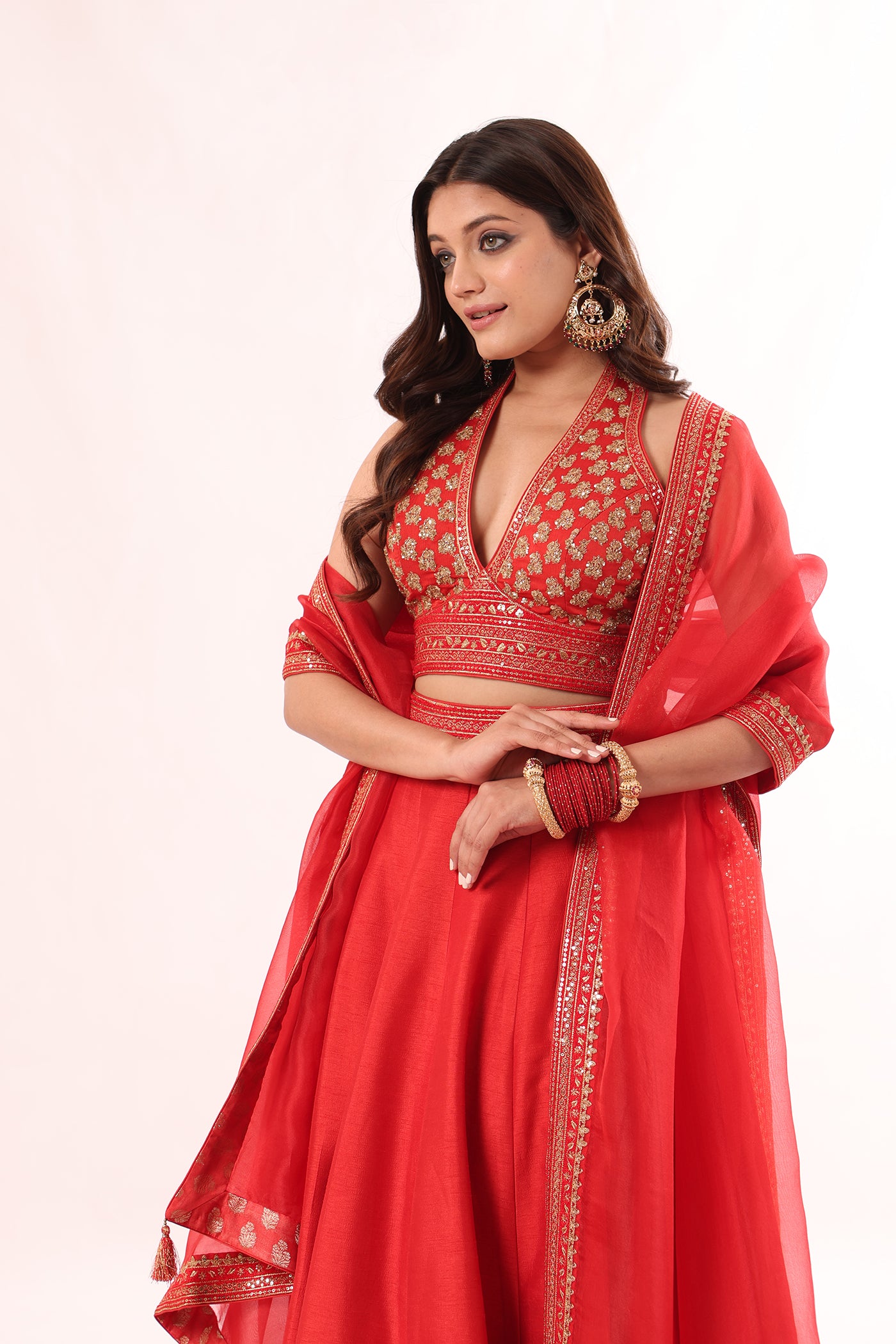 Tomato-Red Hand-Embroidered Pure Raw-Silk Lehenga-Blouse-Dupatta Set