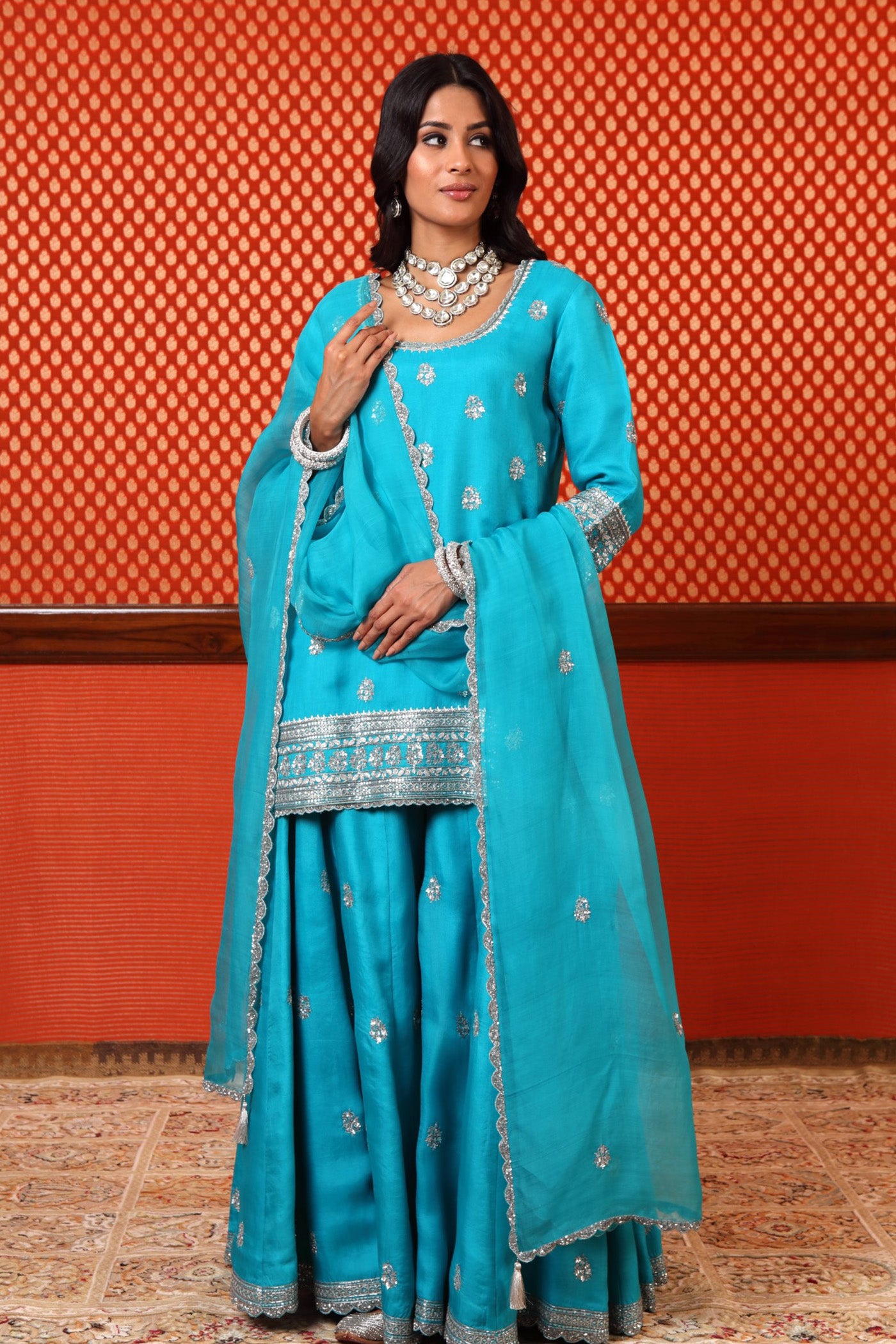 Hand Embroidered Sea Blue Pure Silk Organza Short Kurta Sharara Set