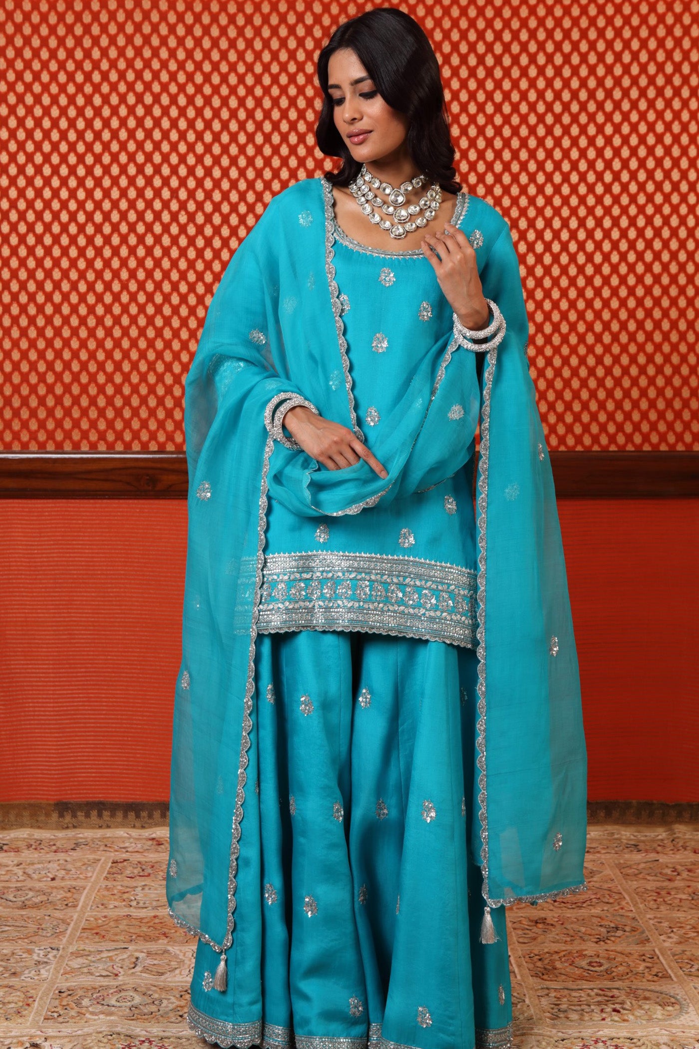 Hand Embroidered Sea Blue Pure Silk Organza Short Kurta Sharara Set