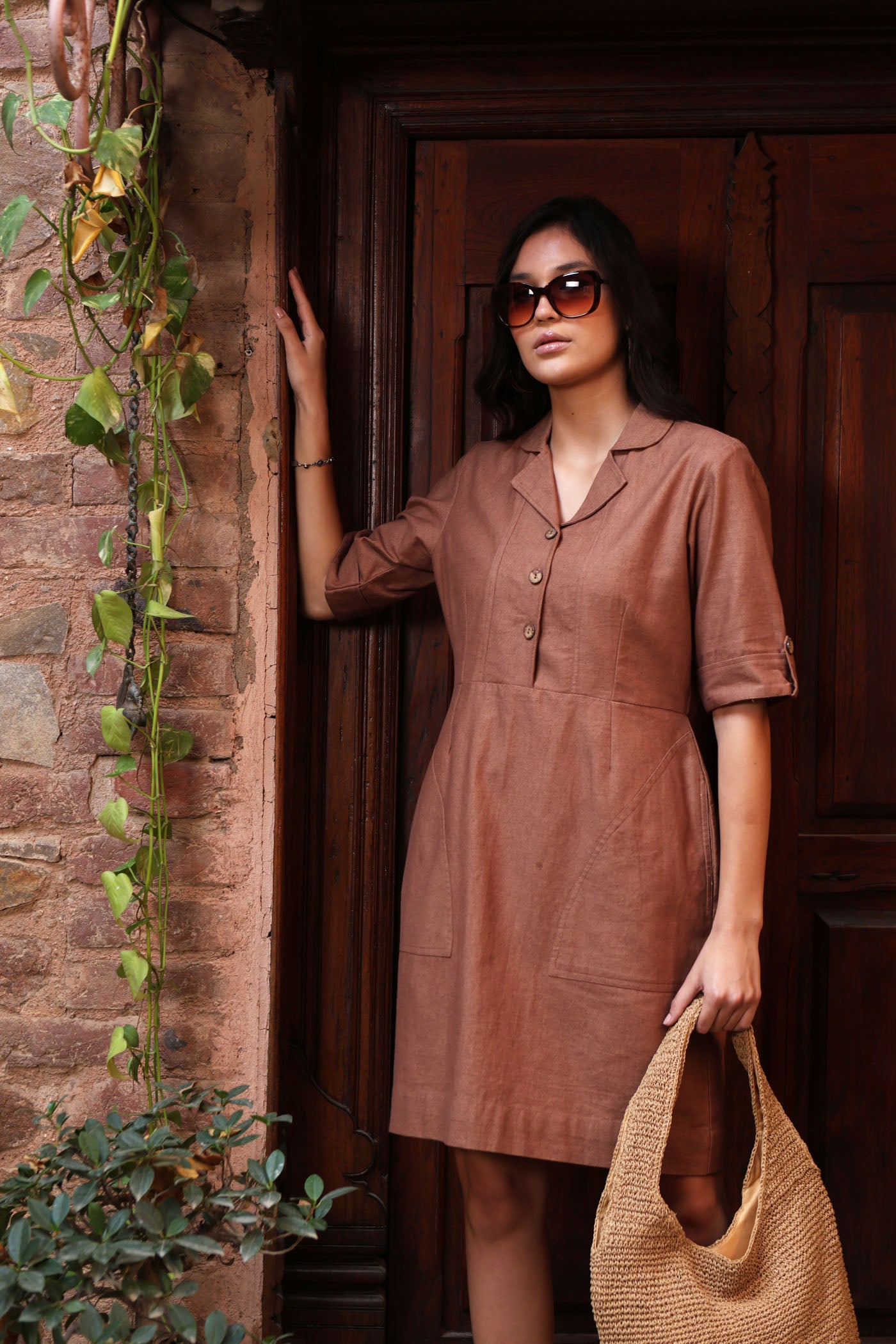 Brown Pure Linen-Cotton Collared Short Dress With Coconut Buttons & Front Pockets