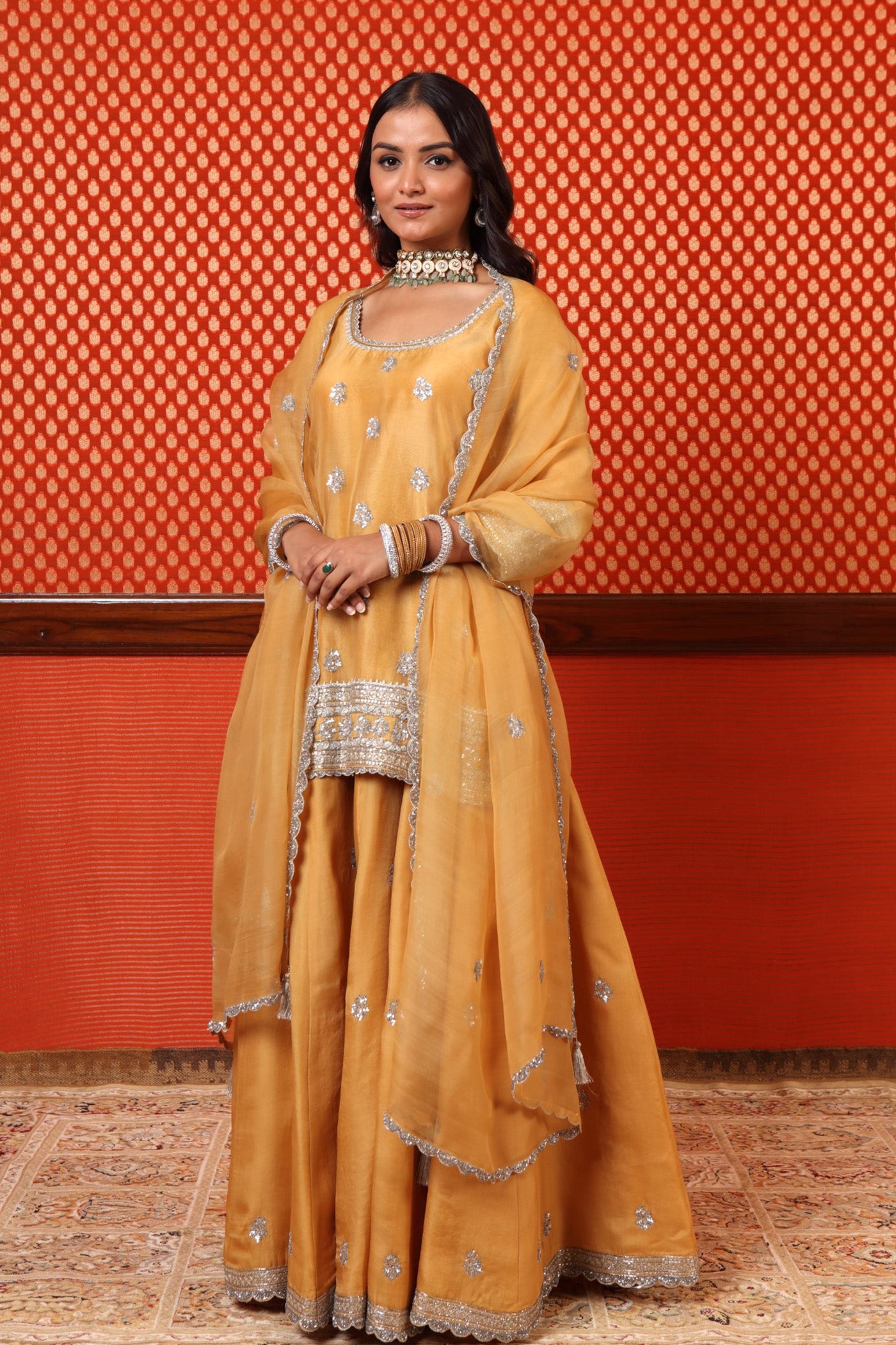 Hand Embroidered Dusty Yellow Pure Katan Silk Short Kurta Sharara Set