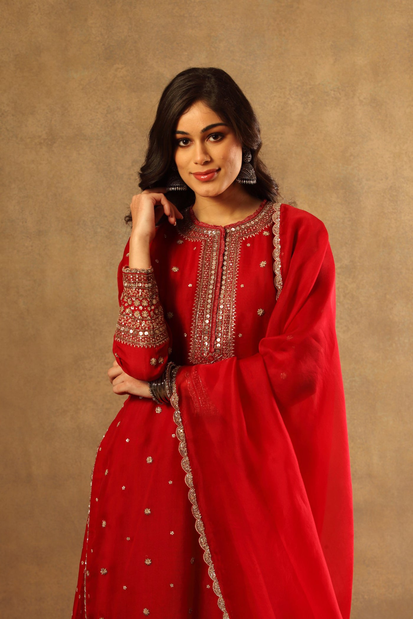 Hand Embroidered Tango Red Pure Silk Organza Long Kurta Sharara Set