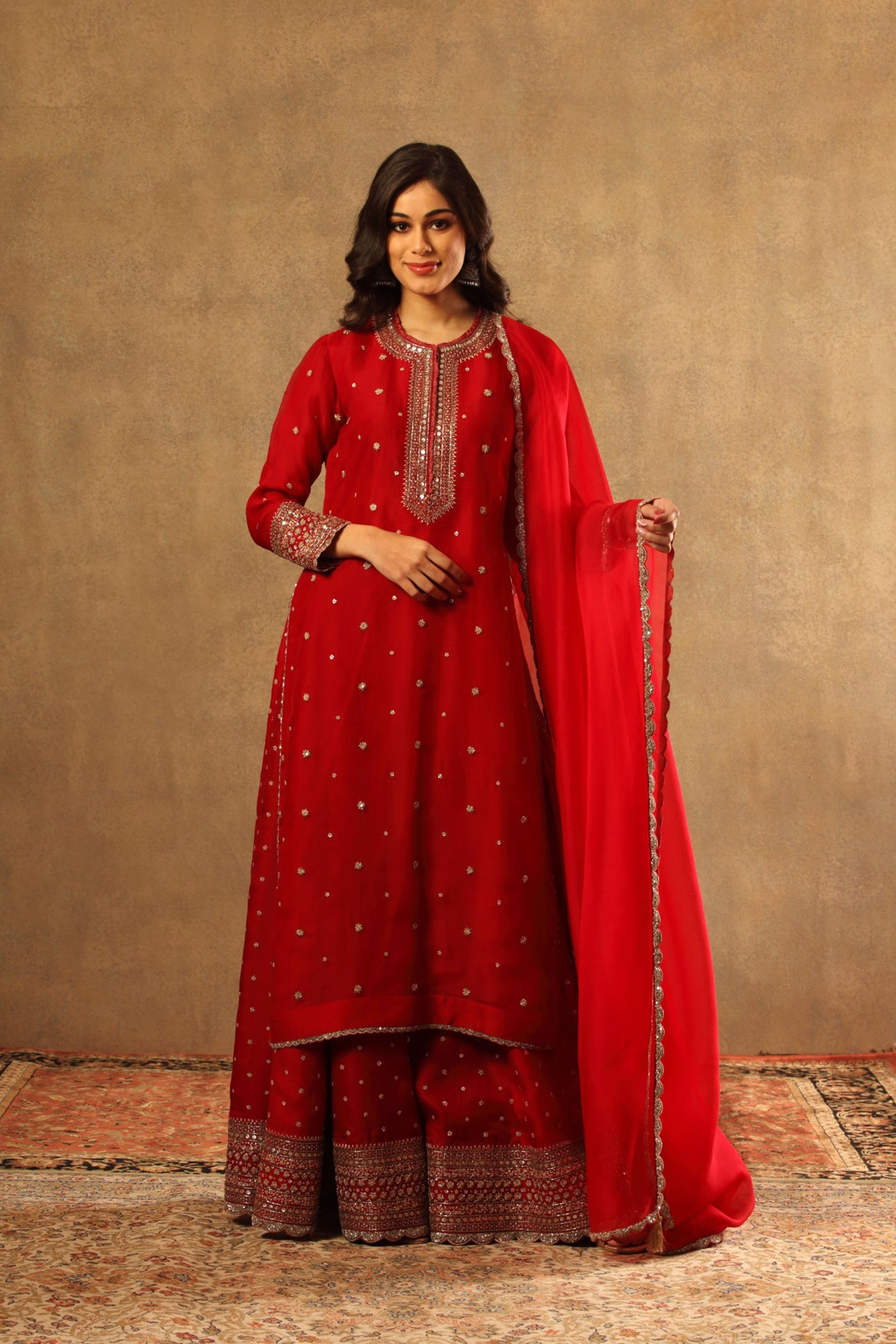 Hand Embroidered Tango Red Pure Silk Organza Long Kurta Sharara Set