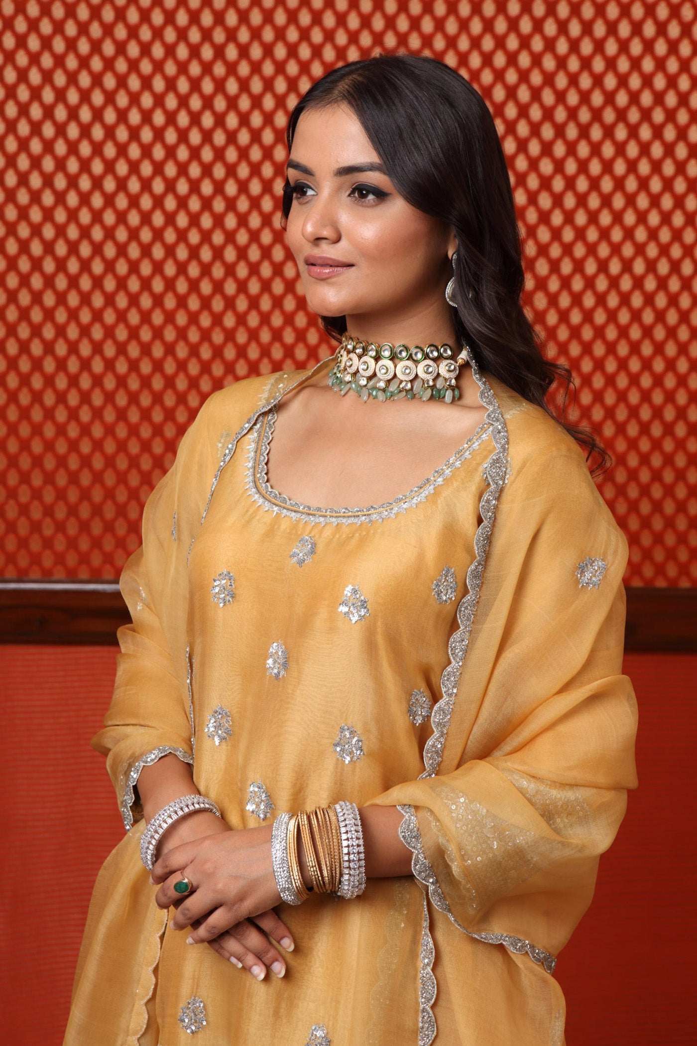 Hand Embroidered Dusty Yellow Pure Katan Silk Short Kurta Sharara Set