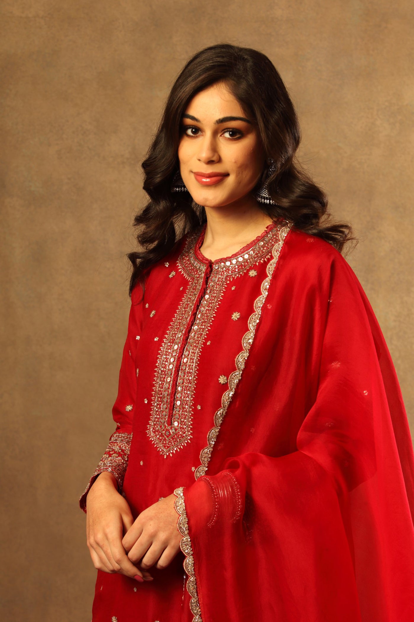 Hand Embroidered Tango Red Pure Silk Organza Long Kurta Sharara Set