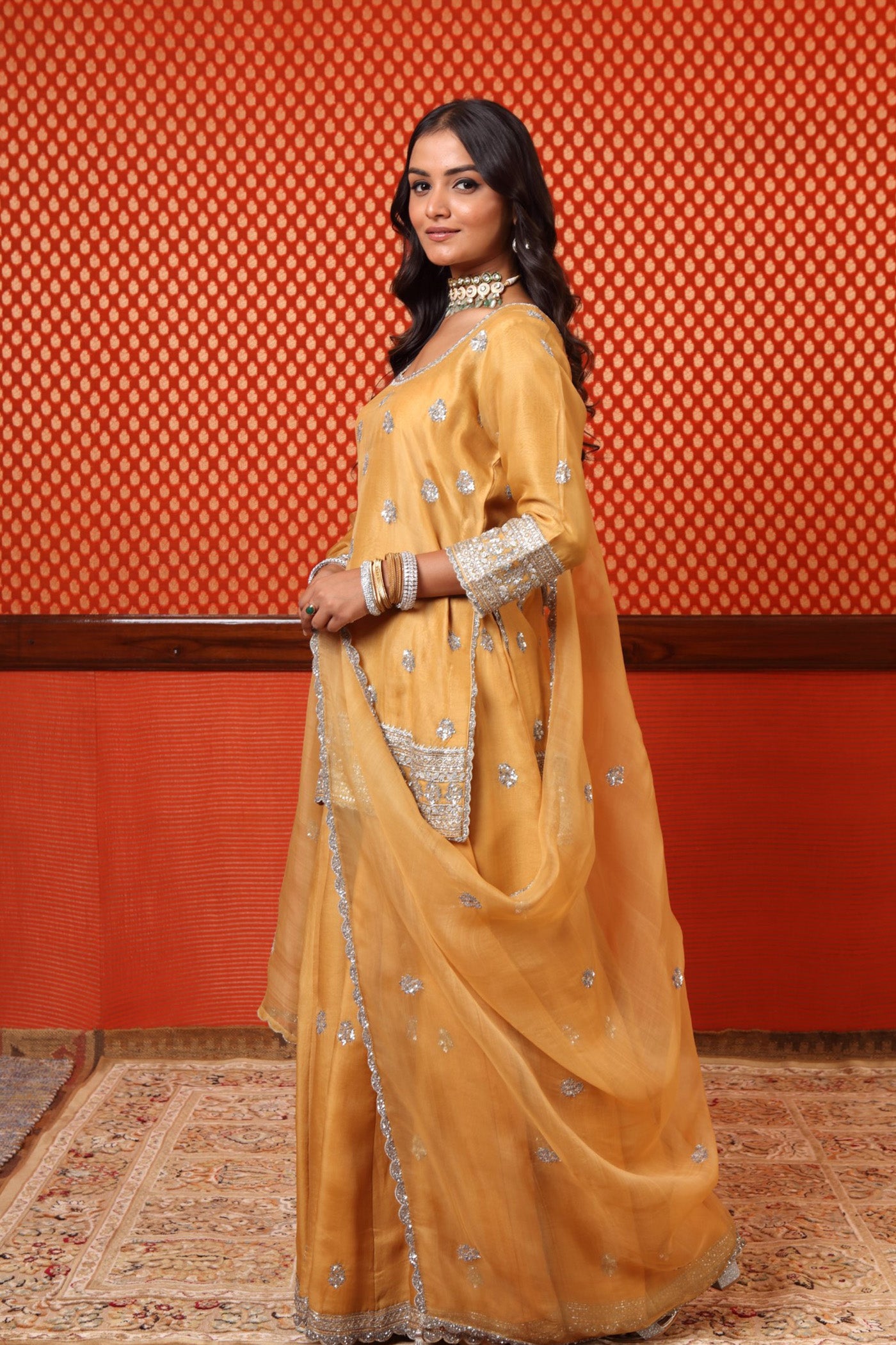 Hand Embroidered Dusty Yellow Pure Katan Silk Short Kurta Sharara Set