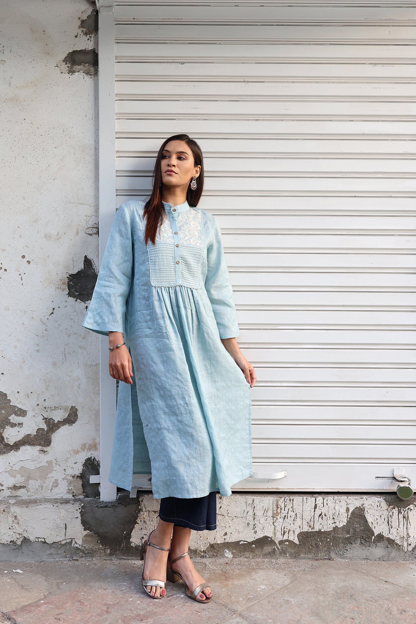 Dusty-Blue Pure Linen (With Metallic Checks & Stripes) Band-Collared With A Pintucked & Embroidered Yoke Kurta-Pants Set