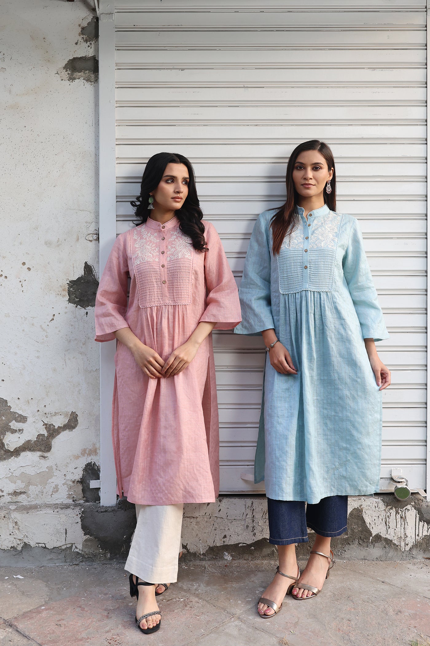 Dusty-Blue Pure Linen (With Metallic Checks & Stripes) Band-Collared With A Pintucked & Embroidered Yoke Kurta-Pants Set