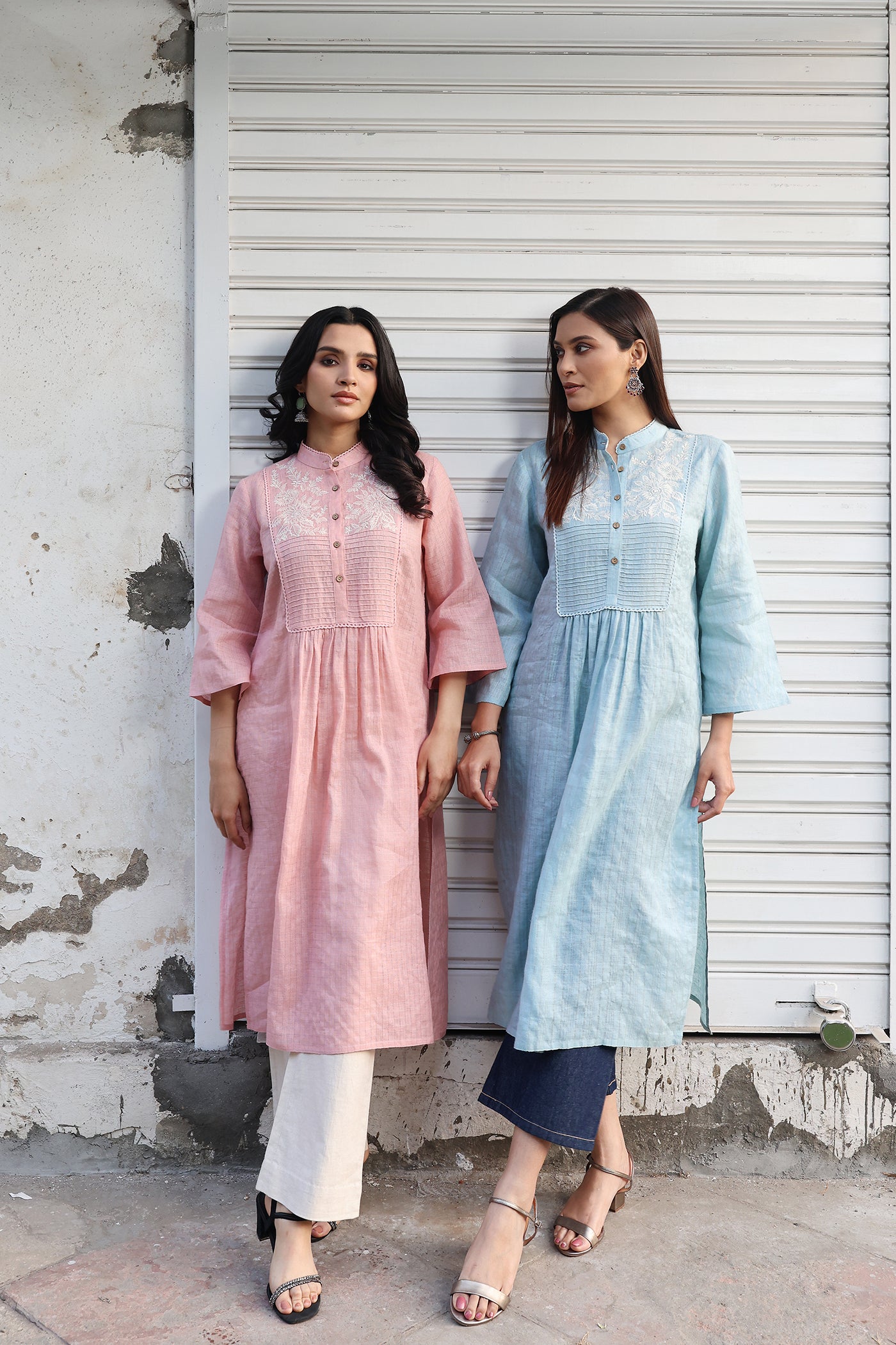 Dusty-Pink Peach Pure Linen (With Metallic Checks & Stripes) Band-Collared With A Pintucked & Embroidered Yoke Kurta-Pants Set