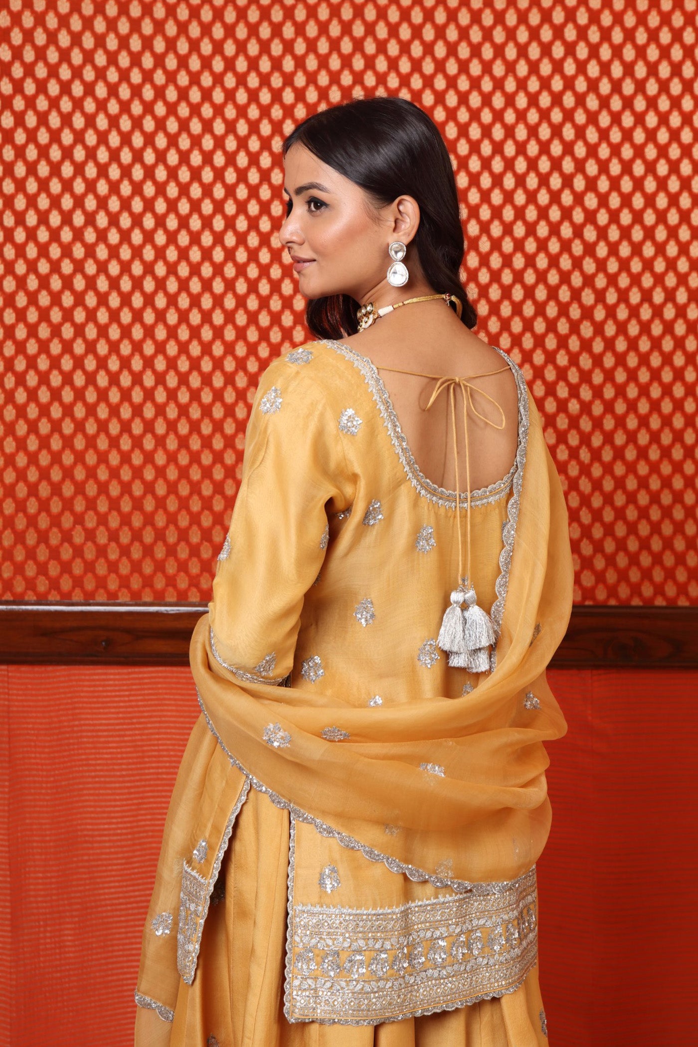 Hand Embroidered Dusty Yellow Pure Katan Silk Short Kurta Sharara Set