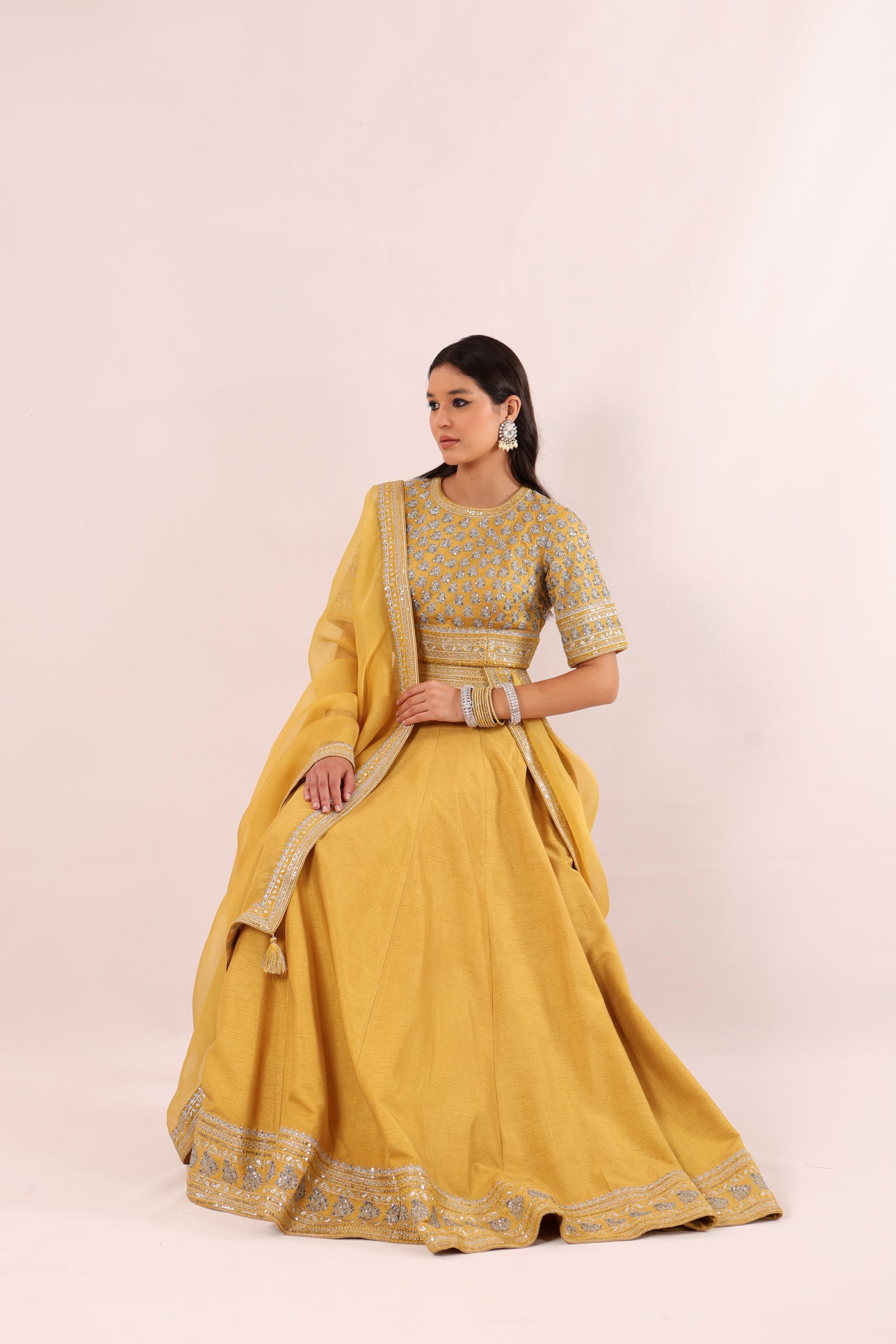 Mustard-Yellow Hand-Embroidered Pure Raw-Silk Lehenga-Blouse-Dupatta Set