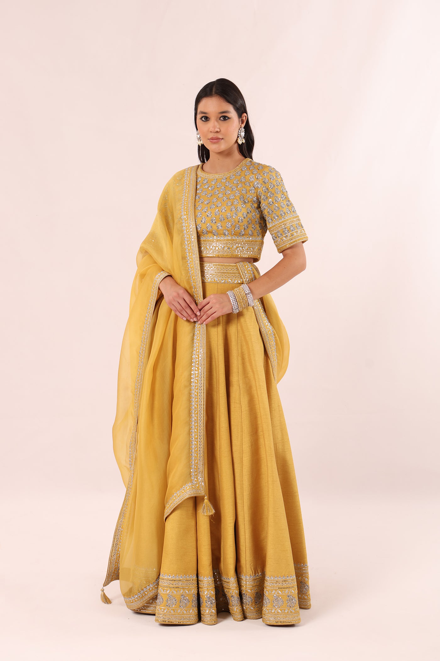 Mustard-Yellow Hand-Embroidered Pure Raw-Silk Lehenga-Blouse-Dupatta Set