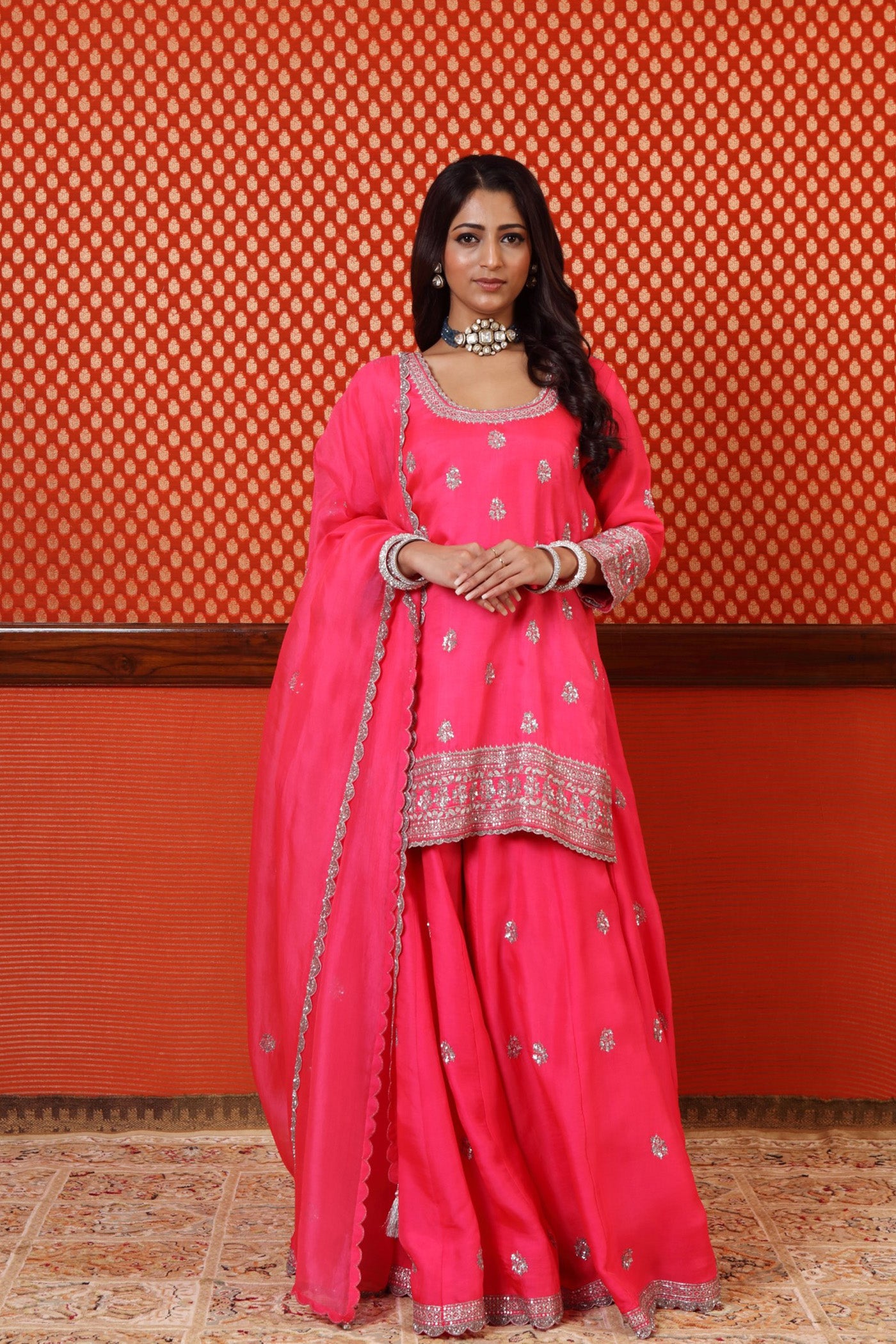 Hand Embroidered Neon Pink Pure Silk Organza Short Kurta Sharara Set