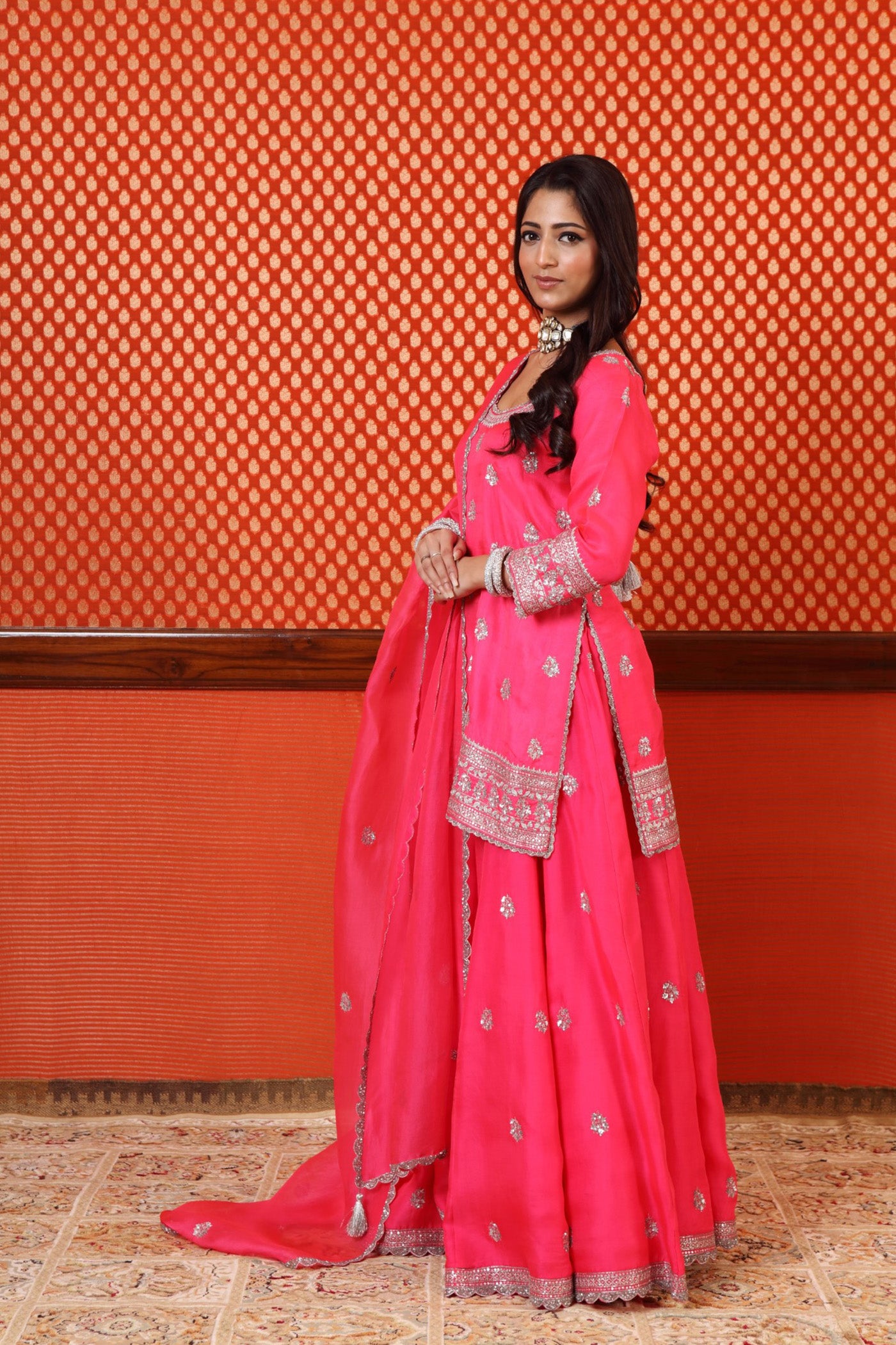 Hand Embroidered Neon Pink Pure Silk Organza Short Kurta Sharara Set